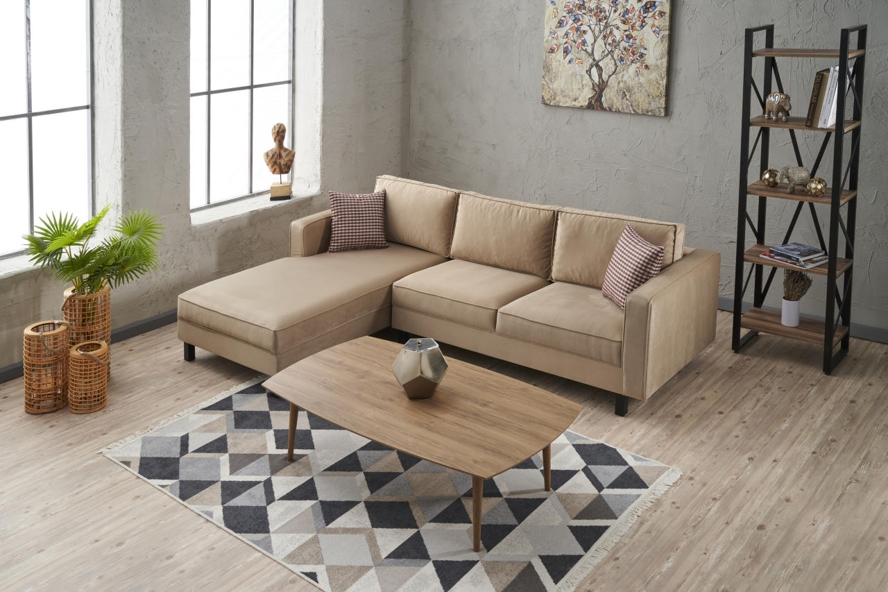 Sofá de canto elegante em creme, estrutura de madeira de faia, 258 x 181 x 83 cm | Veludo 100% poliéster, espuma 28 DNS, perfeito para casas modernas e escandinavas