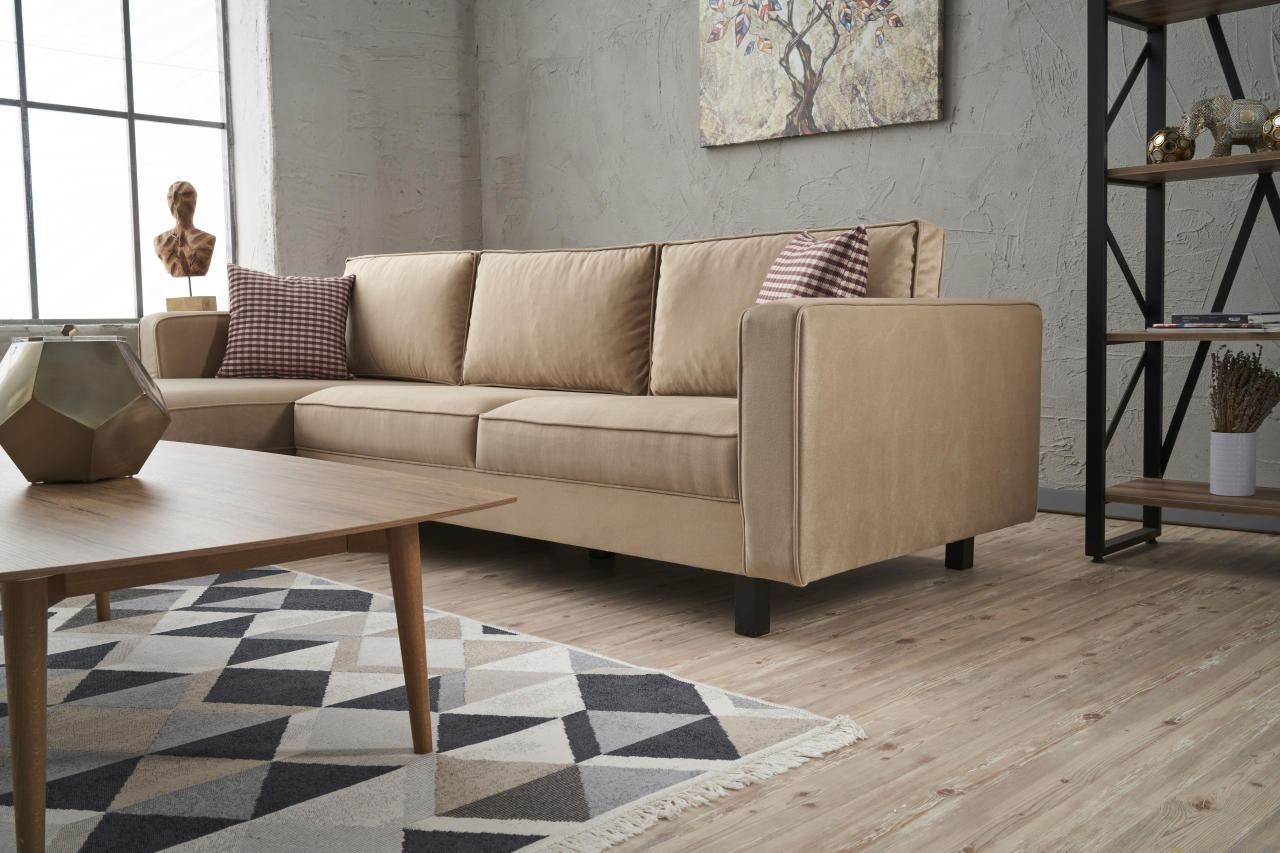 Sofá de canto elegante em creme, estrutura de madeira de faia, 258 x 181 x 83 cm | Veludo 100% poliéster, espuma 28 DNS, perfeito para casas modernas e escandinavas