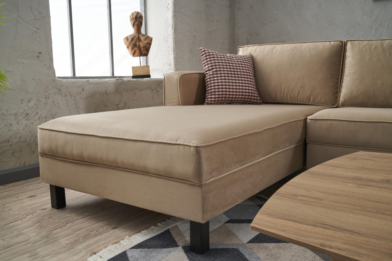 Sofá de canto elegante em creme, estrutura de madeira de faia, 258 x 181 x 83 cm | Veludo 100% poliéster, espuma 28 DNS, perfeito para casas modernas e escandinavas