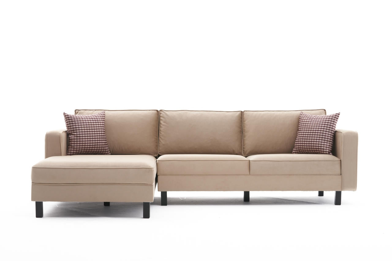 Sofá de canto elegante em creme, estrutura de madeira de faia, 258 x 181 x 83 cm | Veludo 100% poliéster, espuma 28 DNS, perfeito para casas modernas e escandinavas