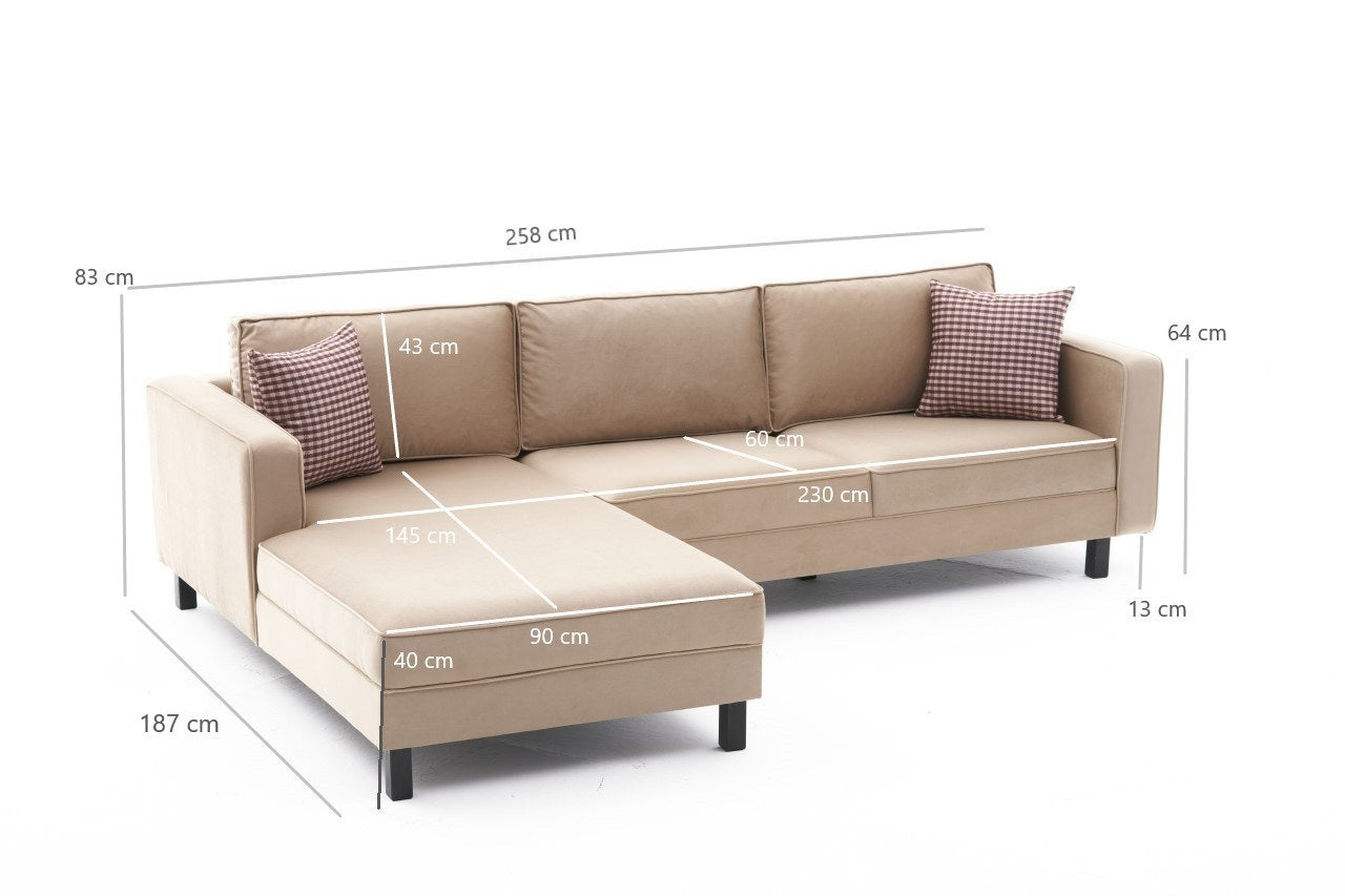 Sofá de canto elegante em creme, estrutura de madeira de faia, 258 x 181 x 83 cm | Veludo 100% poliéster, espuma 28 DNS, perfeito para casas modernas e escandinavas