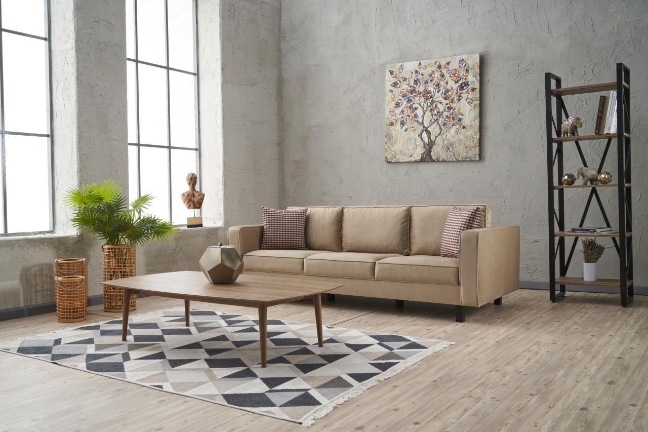 Sofá elegante de 3 lugares, veludo creme, 222 x 91 x 83 cm | Estrutura de madeira de faia, espuma 28 DNS, perfeito para interiores modernos e escandinavos