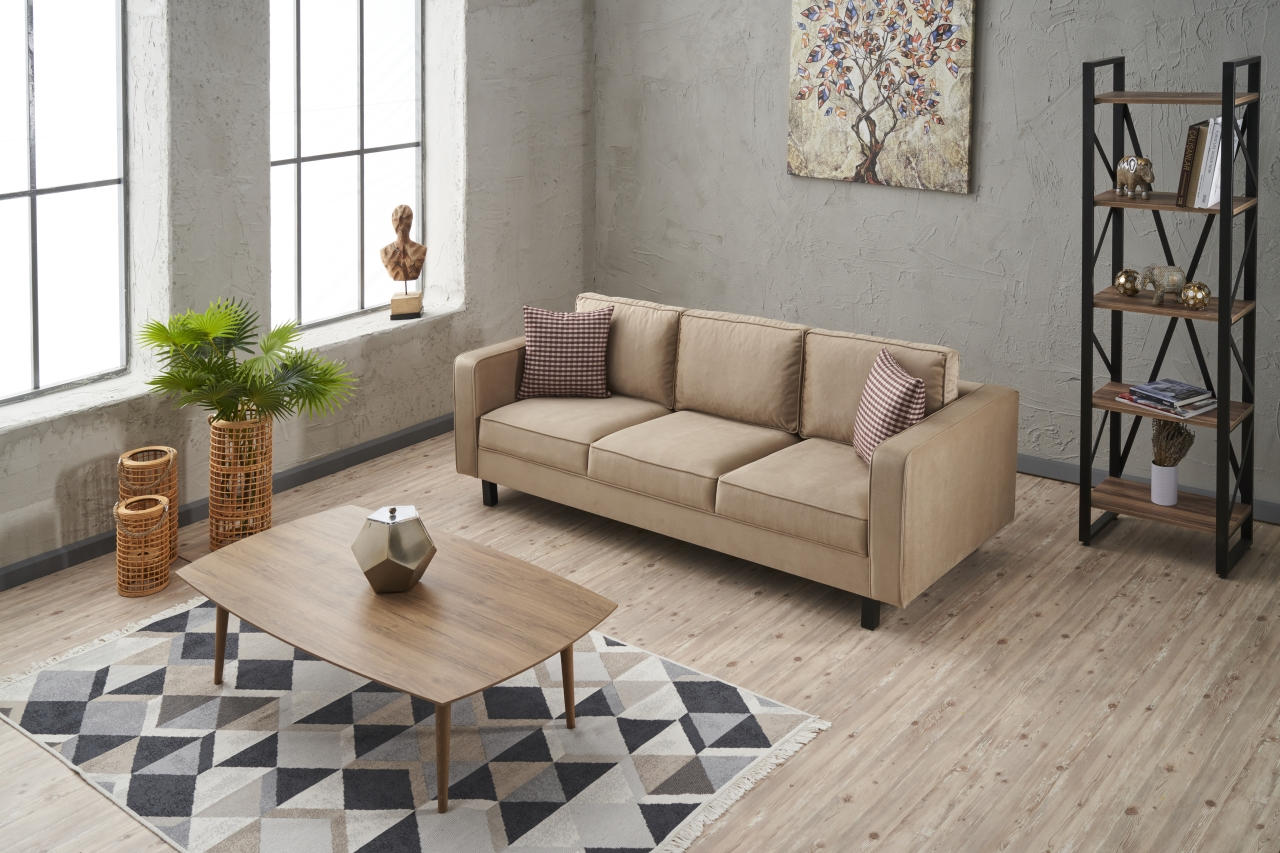 Sofá elegante de 3 lugares, veludo creme, 222 x 91 x 83 cm | Estrutura de madeira de faia, espuma 28 DNS, perfeito para interiores modernos e escandinavos