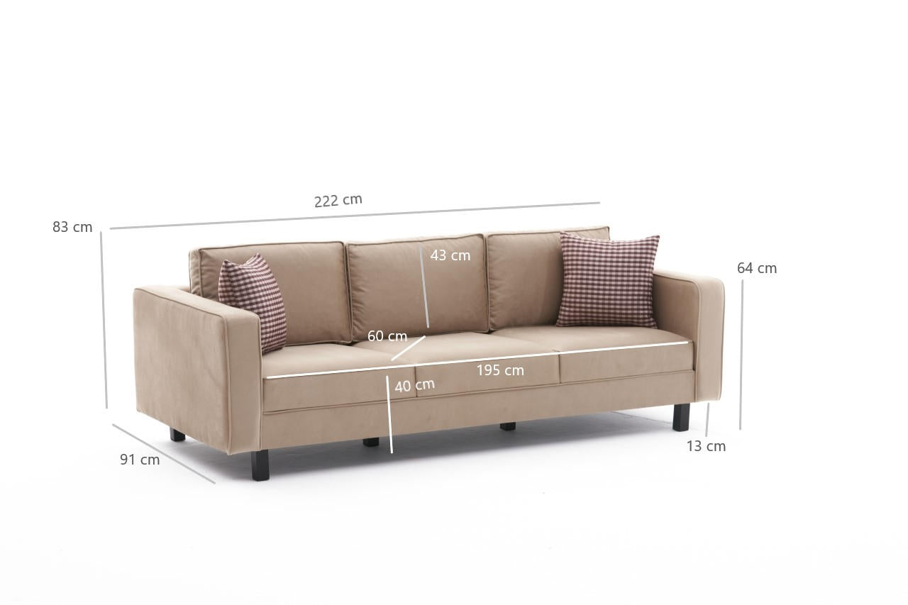 Sofá elegante de 3 lugares, veludo creme, 222 x 91 x 83 cm | Estrutura de madeira de faia, espuma 28 DNS, perfeito para interiores modernos e escandinavos