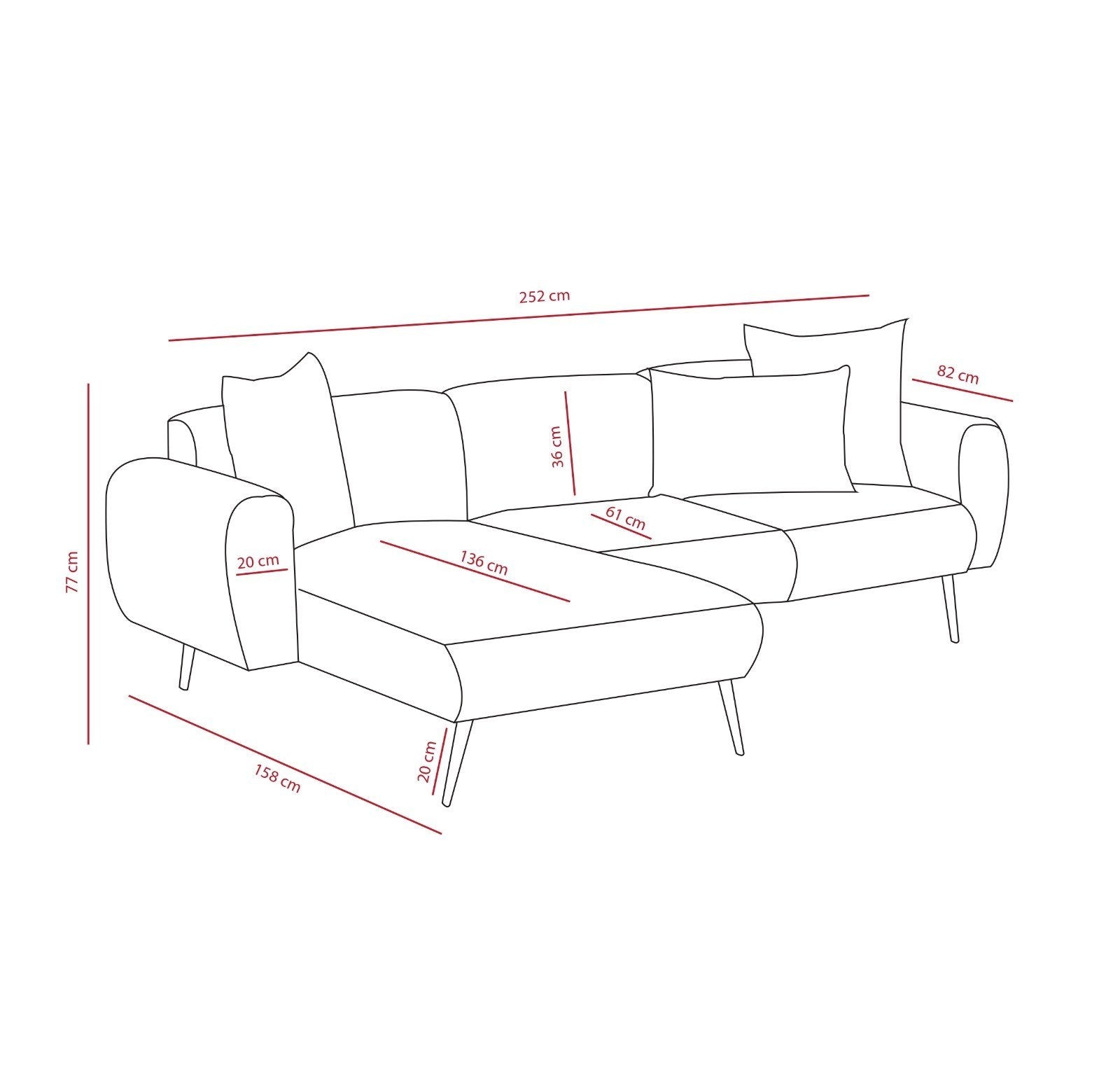 Sofá de canto – 252 cm – creme – madeira de faia e 100% poliéster