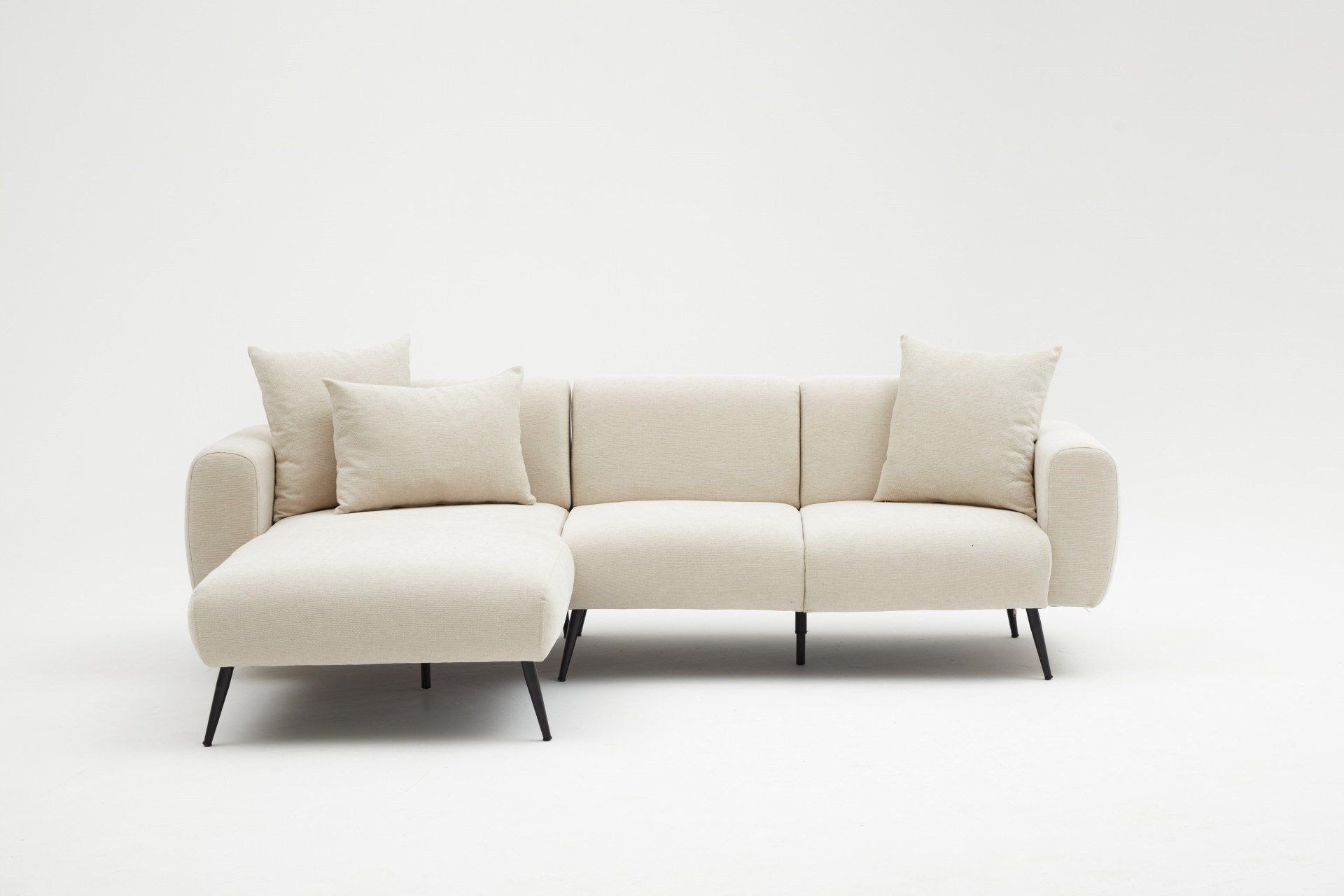 Sofá de canto – 252 cm – creme – madeira de faia e metal
