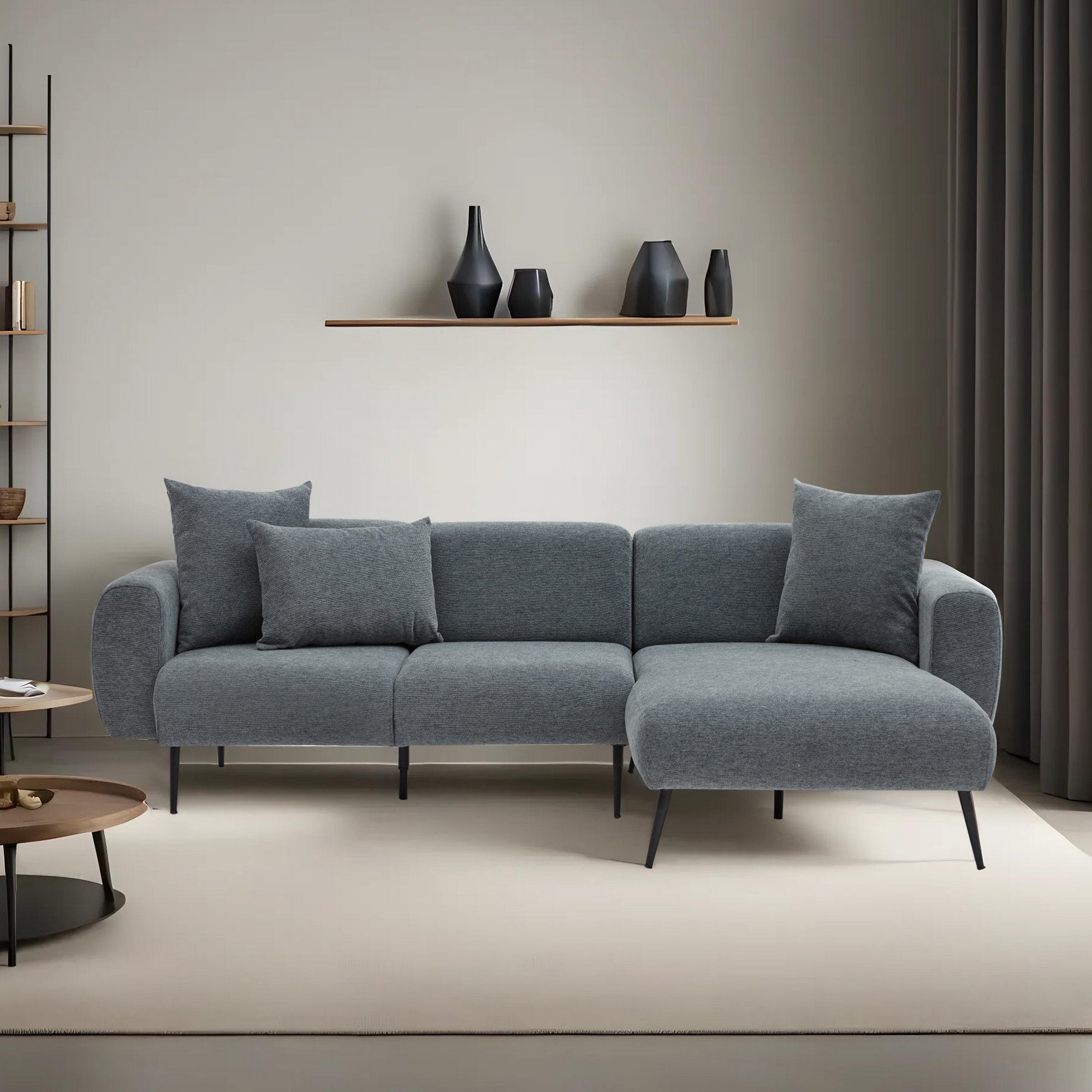 Sofá de canto elegante – 252 cm – Antracite – Madeira de faia e tecido 100% poliéster