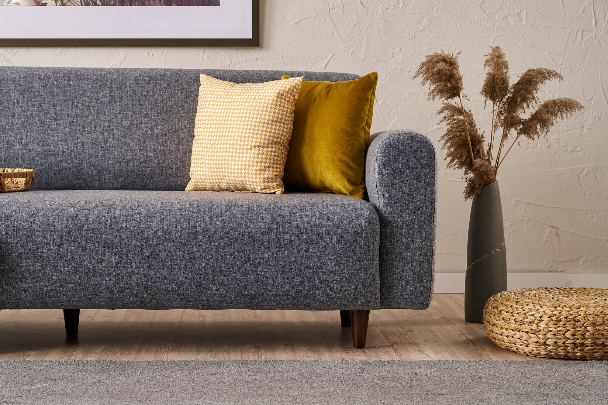 Sofá elegante de 3 lugares, cinza, 220 cm | Estrutura em formato de árvore, tecido 100% linho e poliéster | Espuma confortável de 28 DNS, perfeito para salas de estar modernas