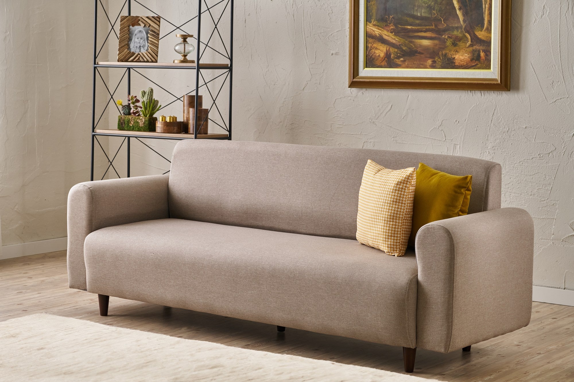 Sofá elegante de 3 lugares, cor creme, 220 cm | Estrutura em formato de árvore, tecido 100% linho e poliéster | Espuma confortável de 28 DNS, ideal para salas de estar modernas