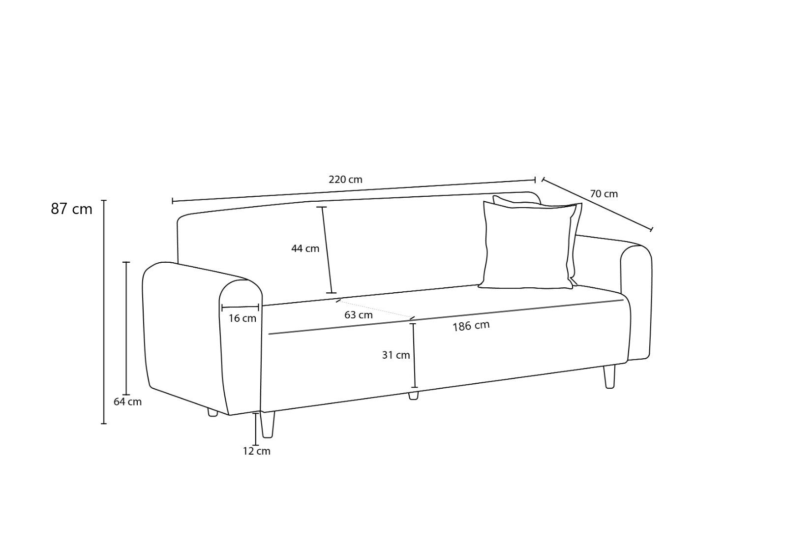 Sofá elegante de 3 lugares, cor creme, 220 cm | Estrutura em formato de árvore, tecido 100% linho e poliéster | Espuma confortável de 28 DNS, ideal para salas de estar modernas