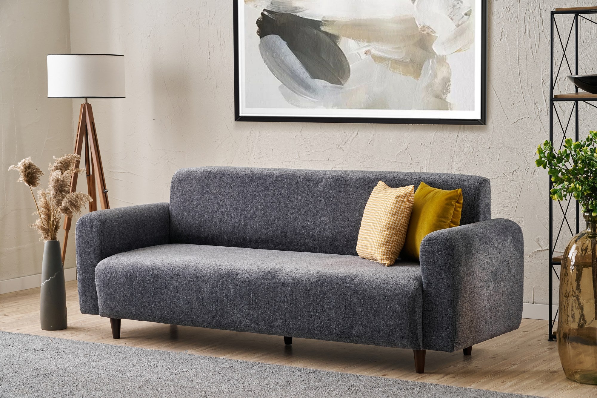 Sofá elegante de 3 lugares, tecido chenille cinza, 220 x 87 x 70 cm | Estrutura durável em formato de árvore de abeto, espuma 28 DNS, perfeito para salas de estar e lounges modernos
