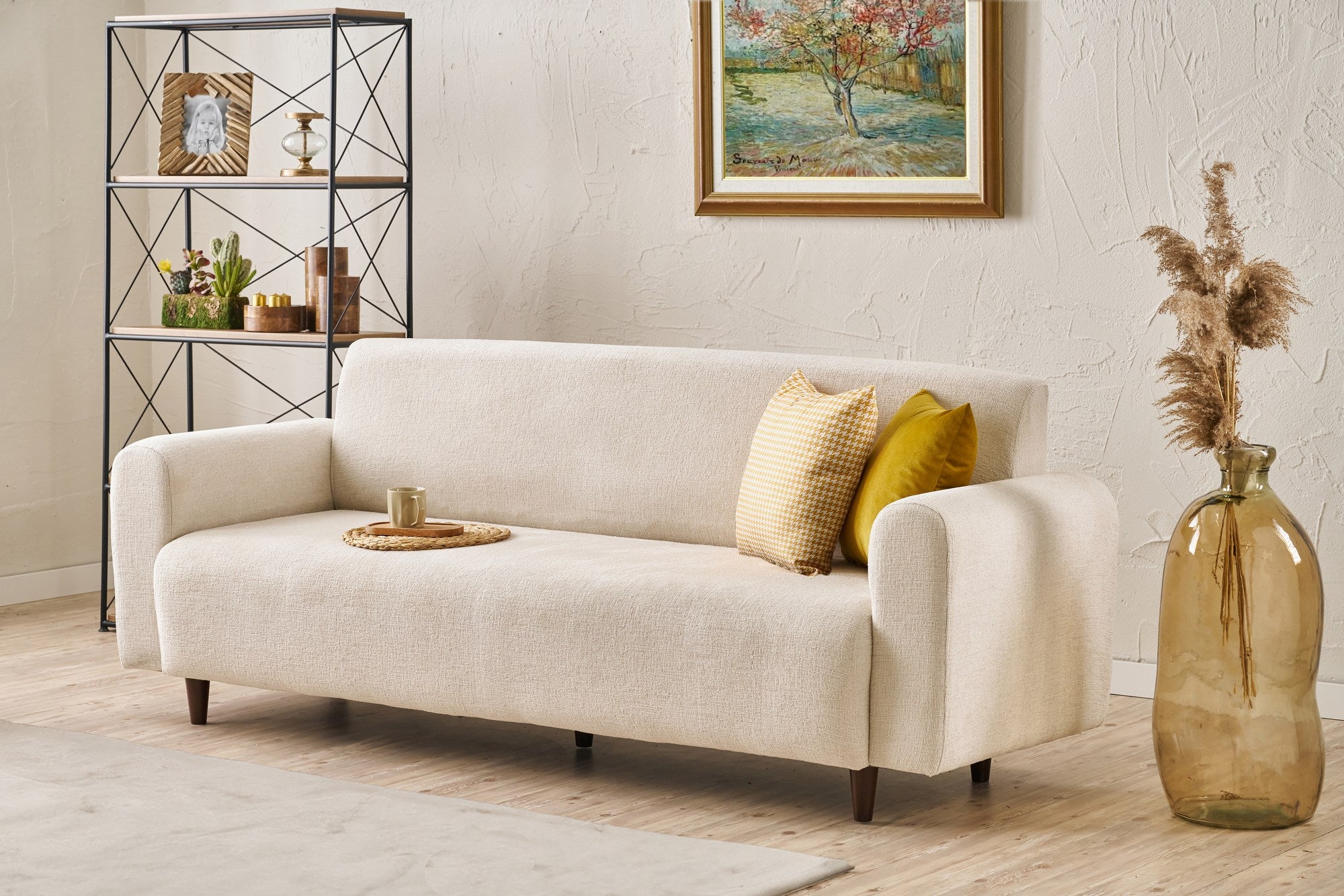 Sofá elegante de 3 lugares, tecido chenille creme, 220 x 87 x 70 cm | Estrutura de abeto durável, espuma 28 DNS, perfeito para salas de estar e lounges modernos