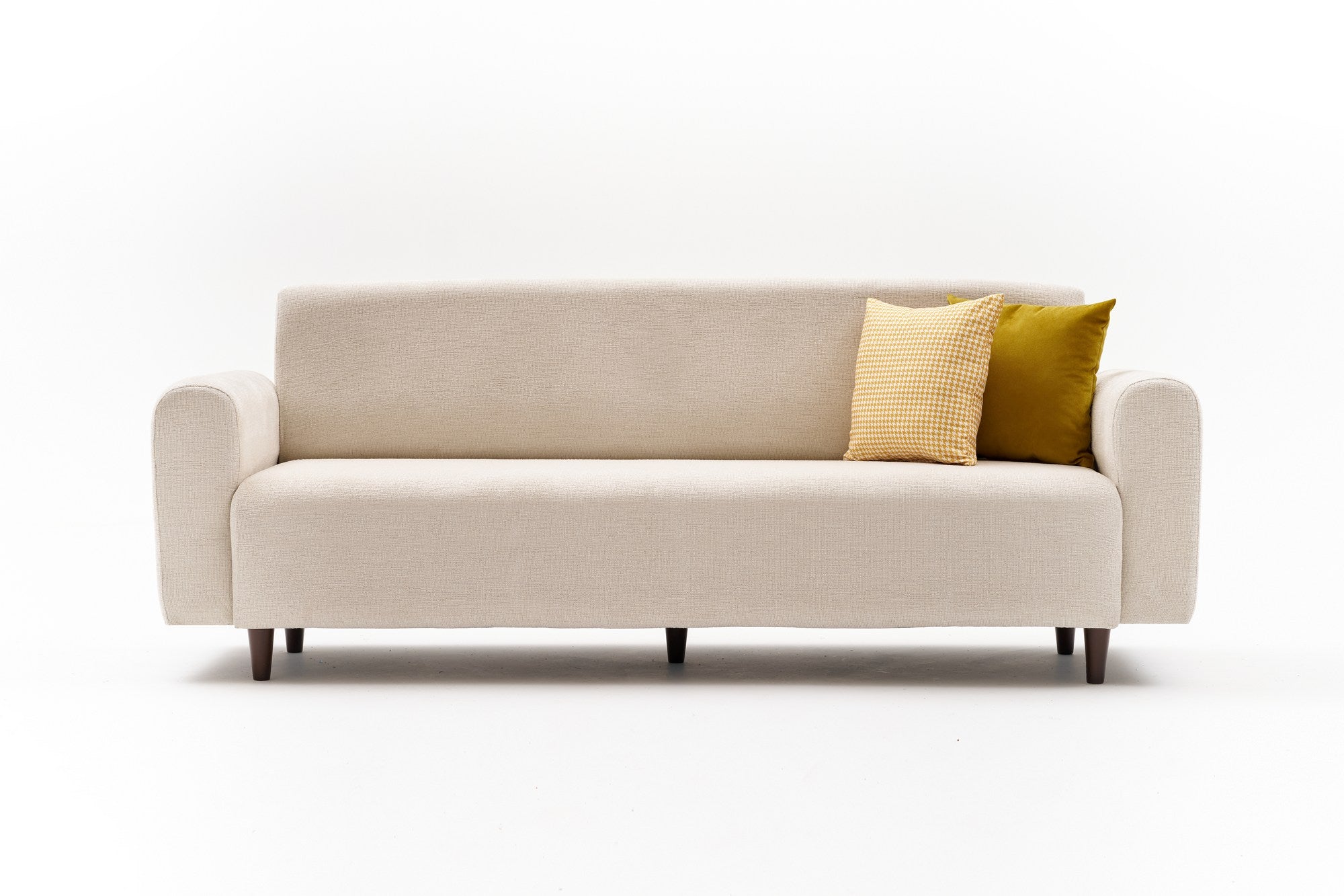 Sofá elegante de 3 lugares, tecido chenille creme, 220 x 87 x 70 cm | Estrutura de abeto durável, espuma 28 DNS, perfeito para salas de estar e lounges modernos