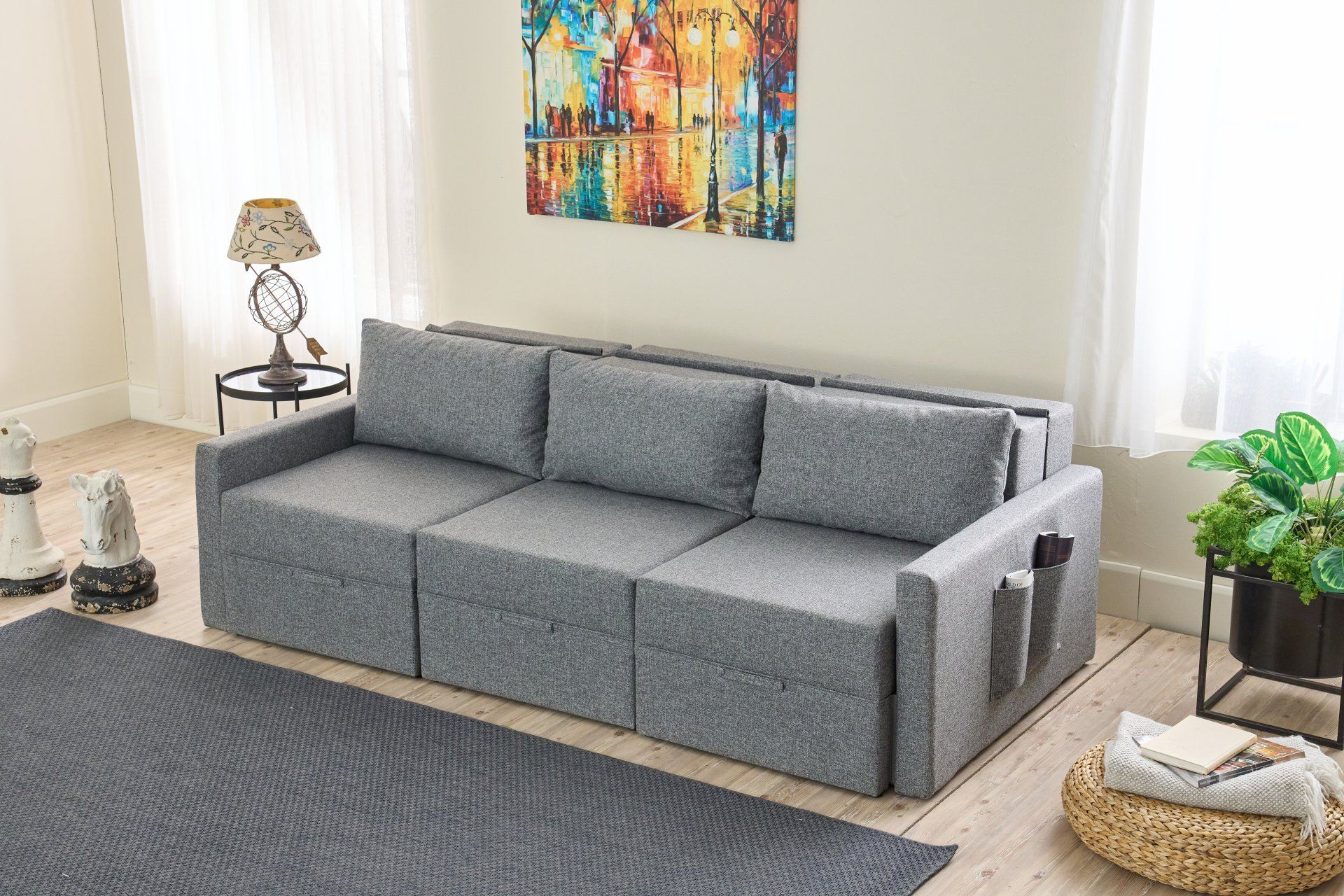 Sofá-cama de 3 lugares – 200 x 186 cm – Cinza – Madeira de Fir e Poliéster