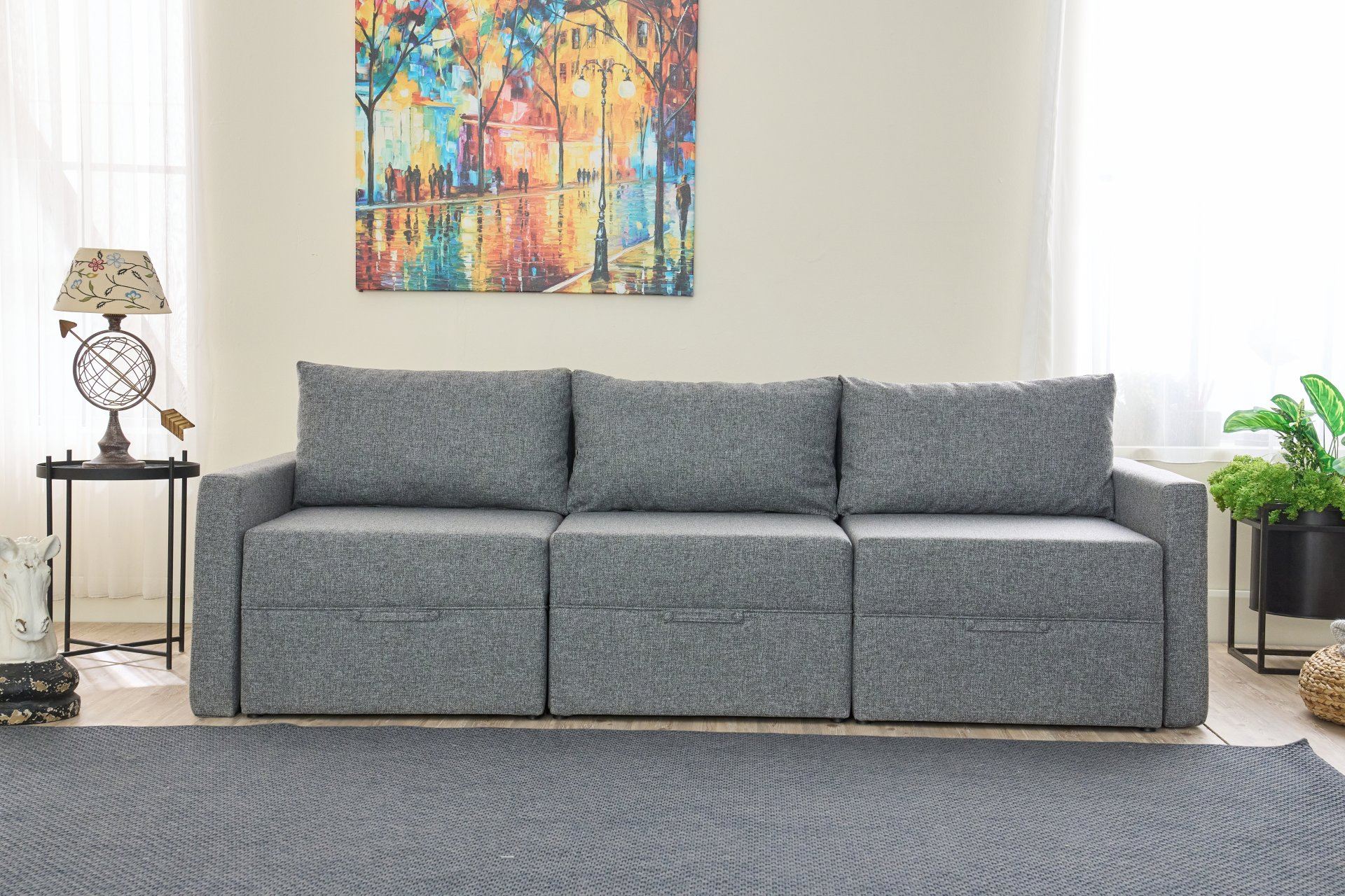 Sofá-cama de 3 lugares – 200 x 186 cm – Cinza – Madeira de Fir e Poliéster