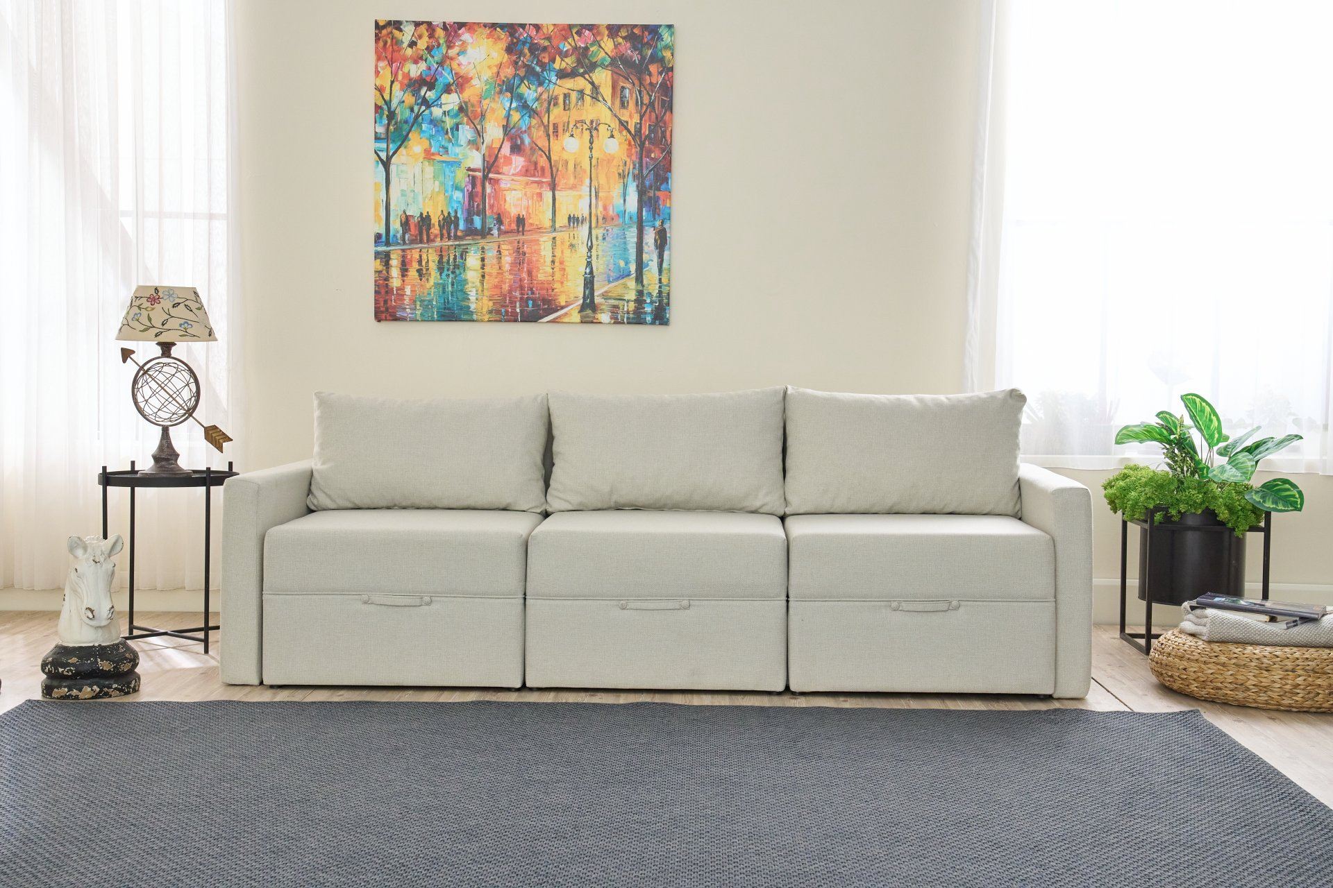 Sofá-cama de 3 lugares – 230 cm – Creme – Madeira de fir e poliéster