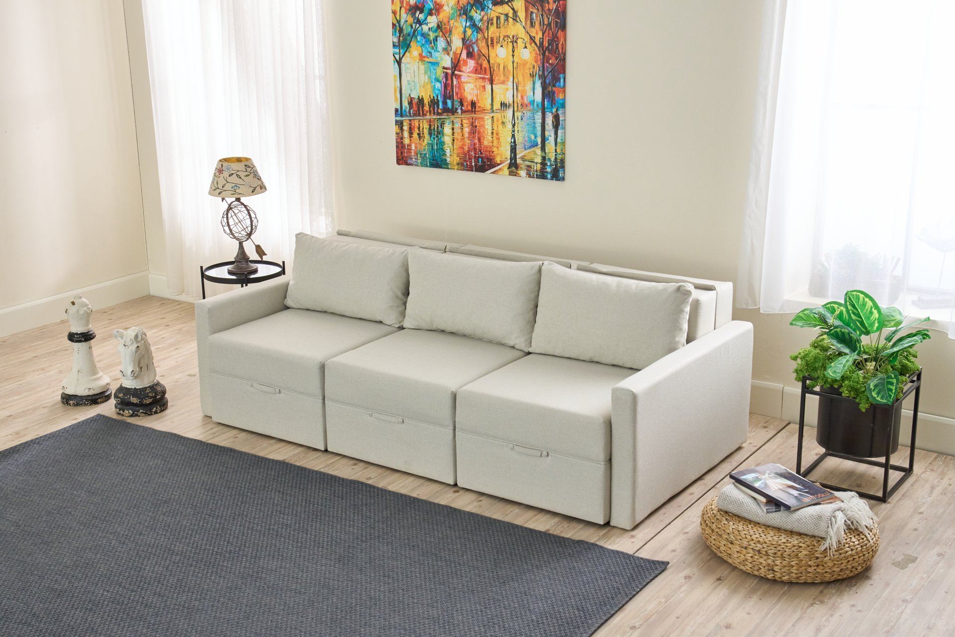 Sofá-cama de 3 lugares – 230 cm – Creme – Madeira de fir e poliéster
