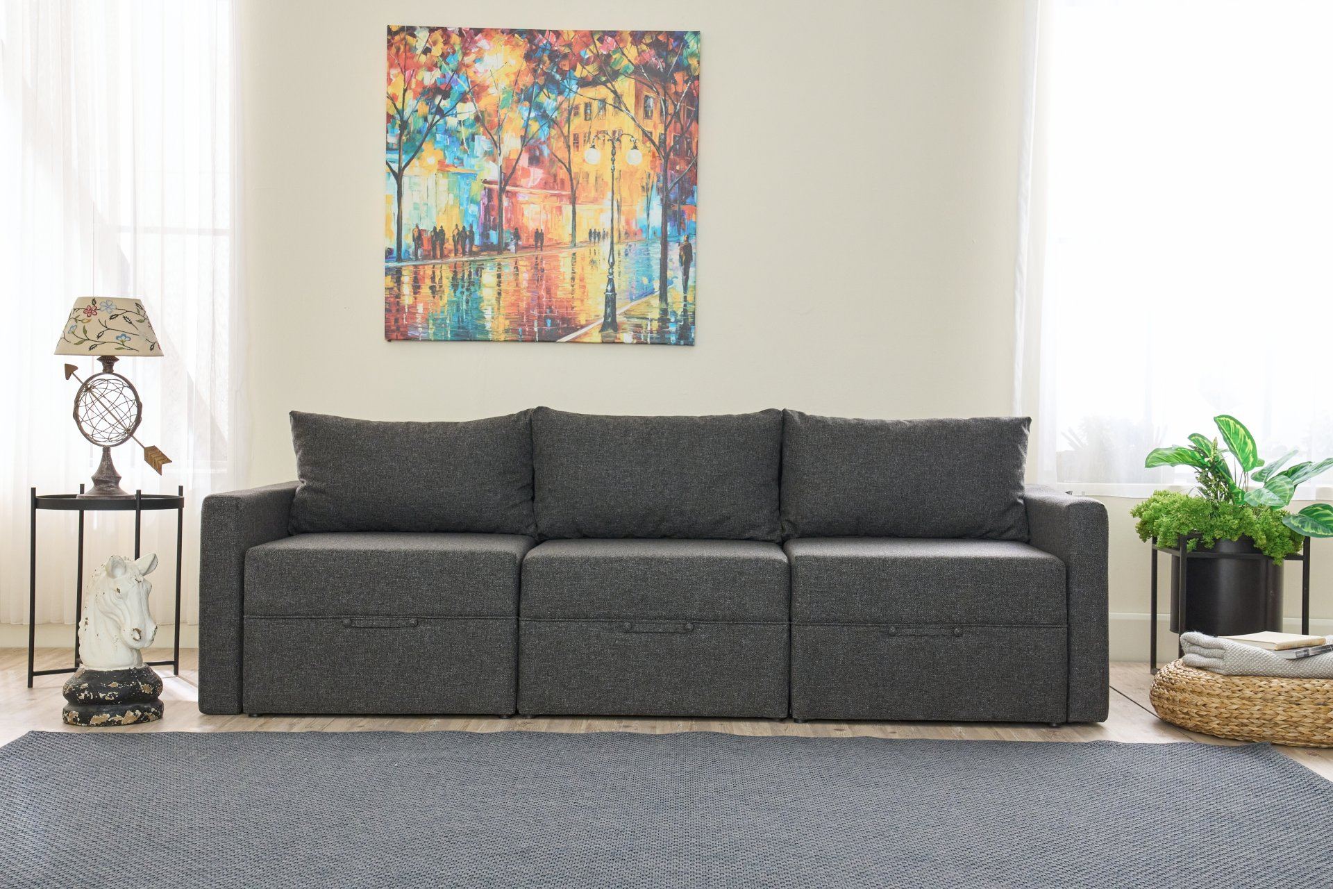 Sofá-cama de 3 lugares – 230 cm x 110 cm – Antracite – Madeira de fir