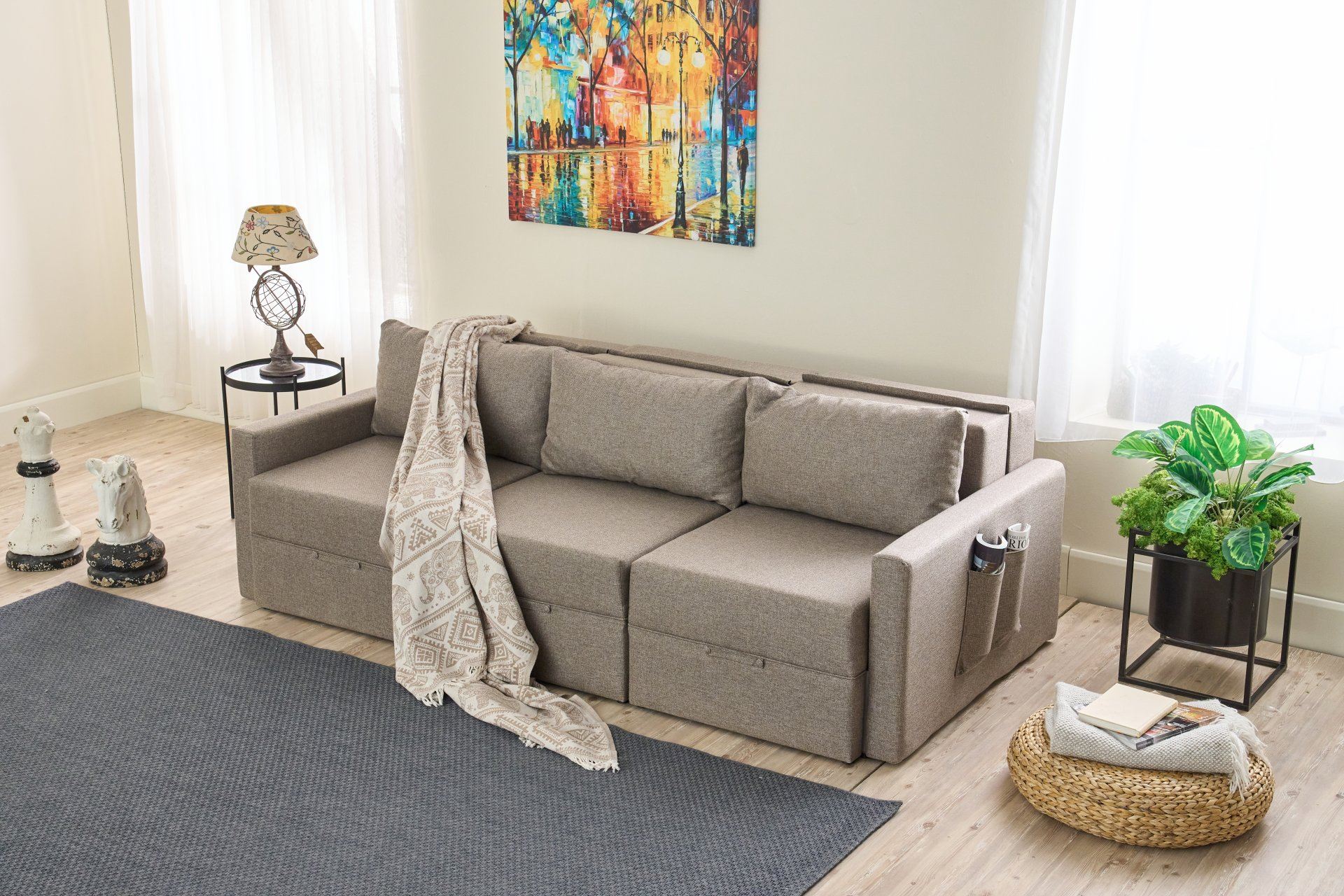 Sofá-cama de 3 lugares – 200 x 186 cm – Marrom – Madeira