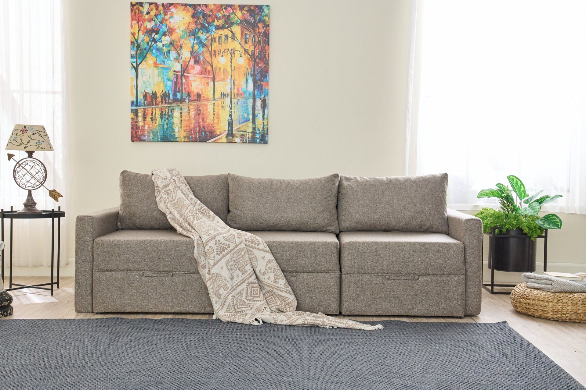 Sofá-cama de 3 lugares – 200 x 186 cm – Marrom – Madeira