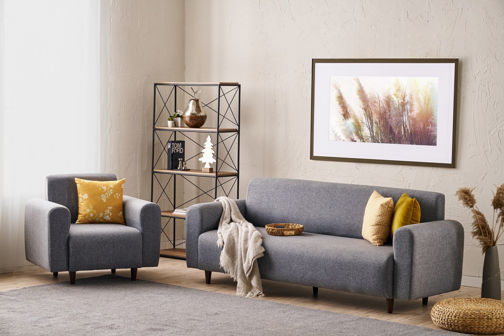 Conjunto de sofá cinza estiloso (3 peças), estrutura em formato de árvore, 100% poliéster, 3 lugares: 220 x 87 x 70 cm, 1 lugar: 95 x 87 x 70 cm | Espuma DNS 28 confortável | Essencial para sala de estar moderna