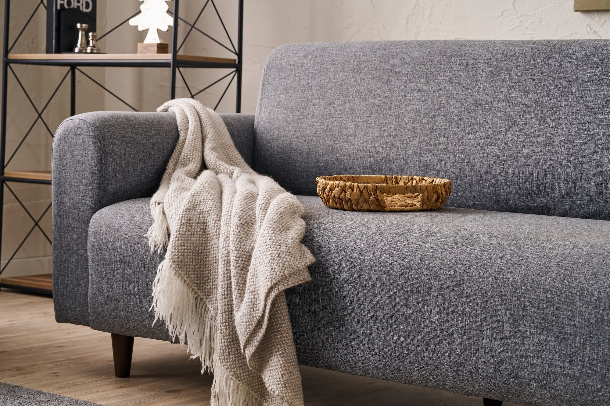 Conjunto de sofá cinza estiloso (3 peças), estrutura em formato de árvore, 100% poliéster, 3 lugares: 220 x 87 x 70 cm, 1 lugar: 95 x 87 x 70 cm | Espuma DNS 28 confortável | Essencial para sala de estar moderna
