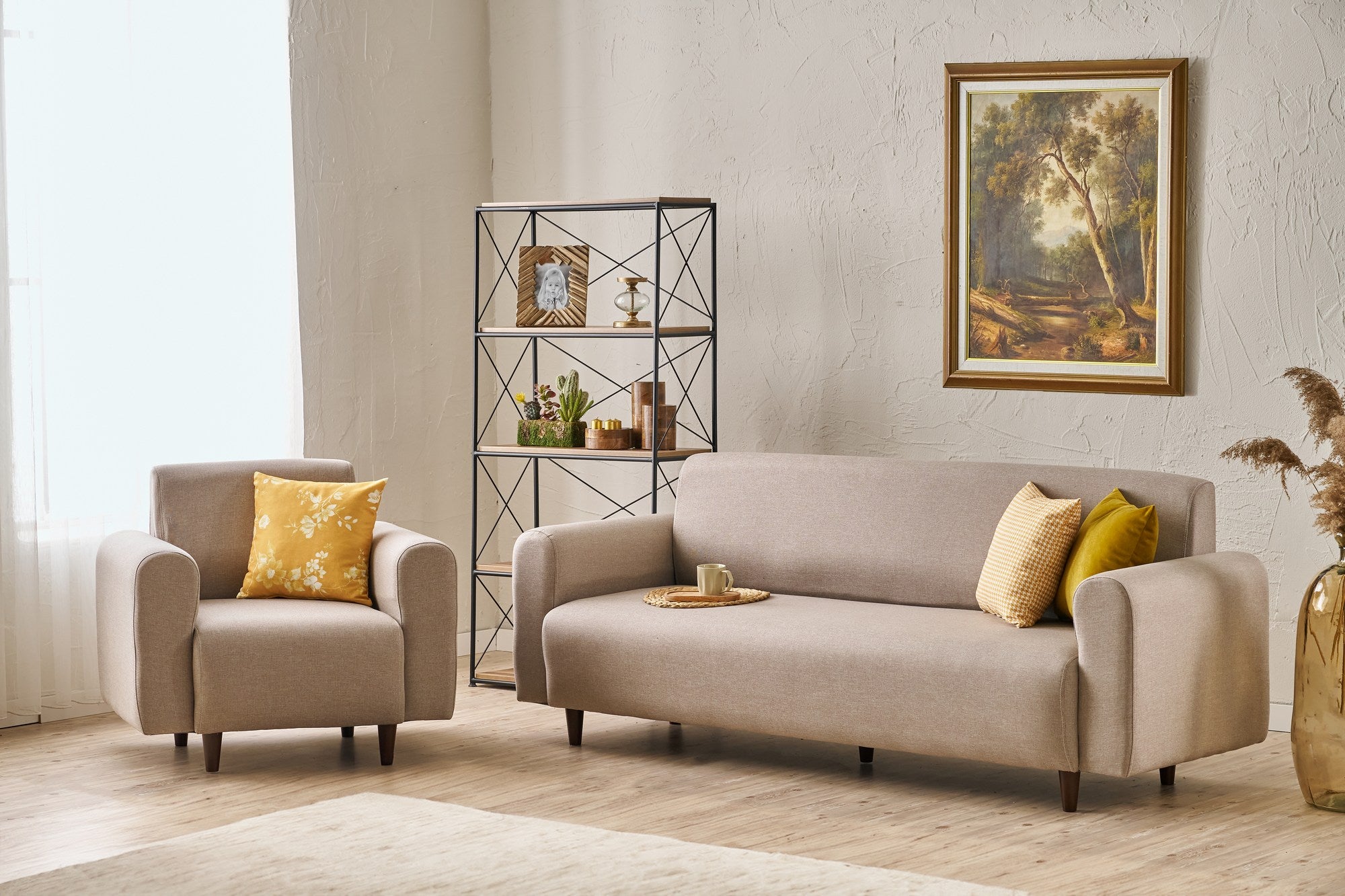 Conjunto de sofá elegante em creme (3 peças), estrutura em formato de árvore, 100% poliéster, 3 lugares: 220 x 87 x 70 cm, 1 lugar: 95 x 87 x 70 cm | Confortável e elegante para salas de estar modernas