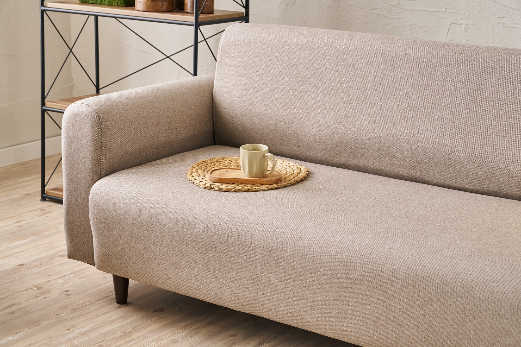 Conjunto de sofá elegante em creme (3 peças), estrutura em formato de árvore, 100% poliéster, 3 lugares: 220 x 87 x 70 cm, 1 lugar: 95 x 87 x 70 cm | Confortável e elegante para salas de estar modernas