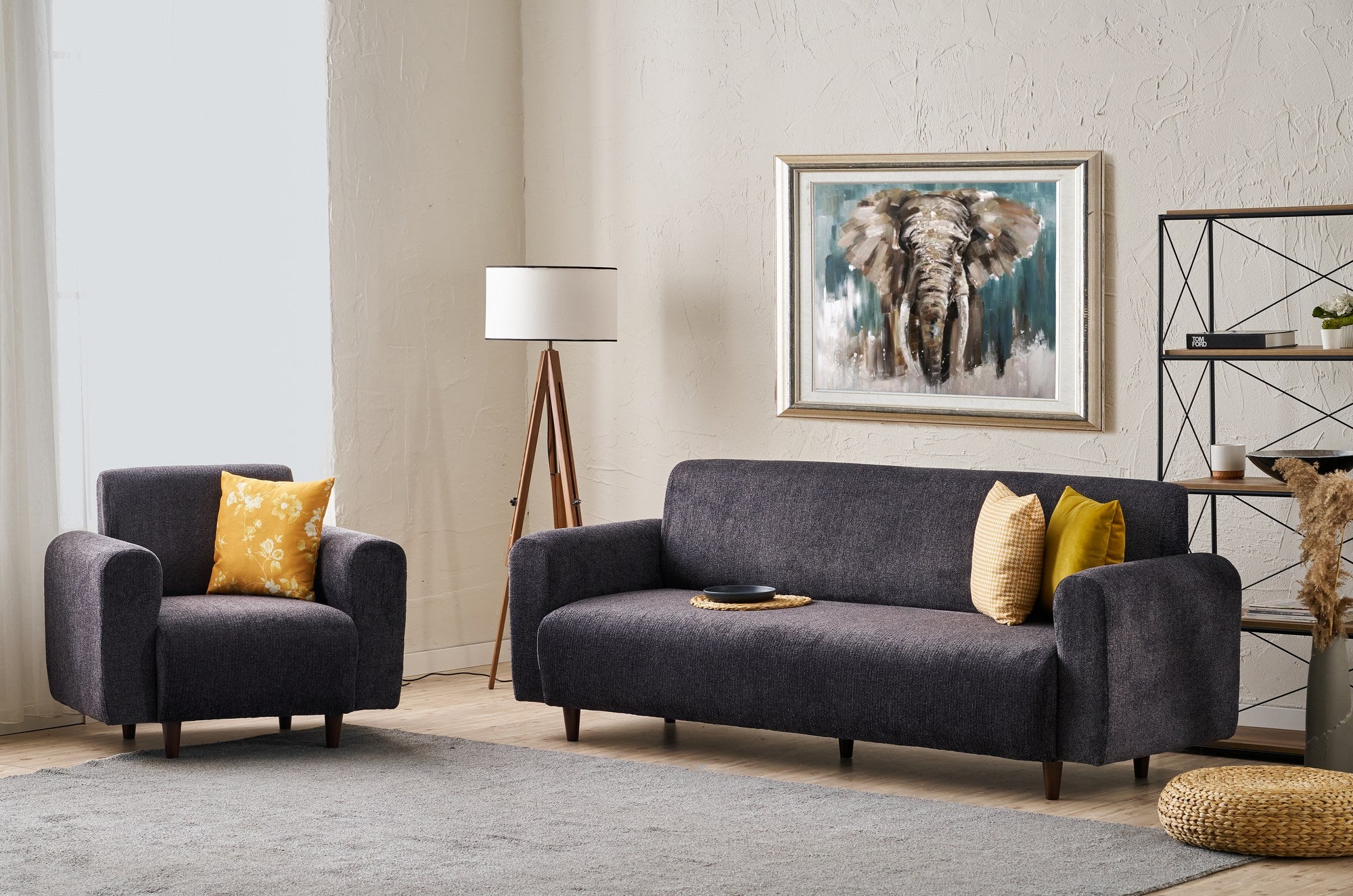 Conjunto de sofá elegante em antracite (3 peças), estrutura em formato de árvore, 100% poliéster chenille, 3 lugares: 220 x 87 x 70 cm, 1 lugar: 95 x 87 x 70 cm | Design confortável e moderno