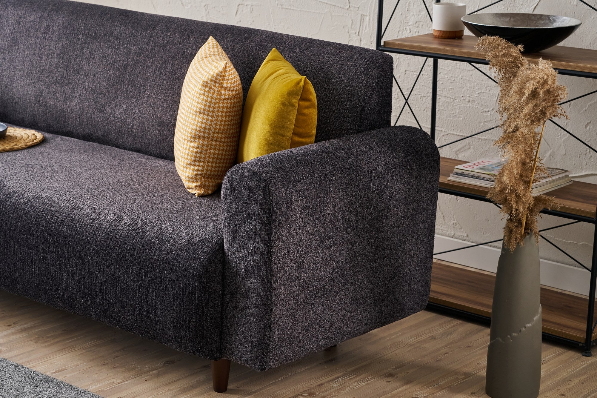 Conjunto de sofá elegante em antracite (3 peças), estrutura em formato de árvore, 100% poliéster chenille, 3 lugares: 220 x 87 x 70 cm, 1 lugar: 95 x 87 x 70 cm | Design confortável e moderno