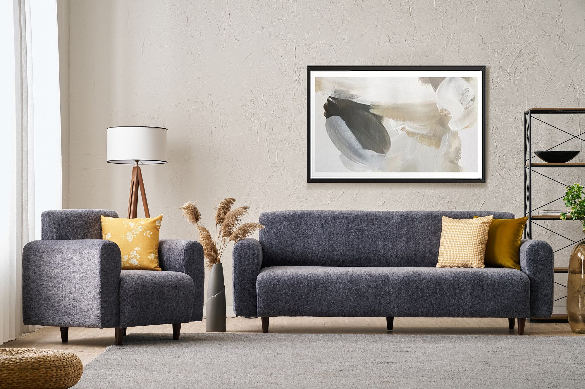 Conjunto de sofá cinza elegante (3 peças), estrutura em formato de árvore, tecido chenille | 3 lugares: 220 x 70 x 87 cm, 1 lugar: 95 x 70 x 87 cm | Design confortável e moderno para sala de estar