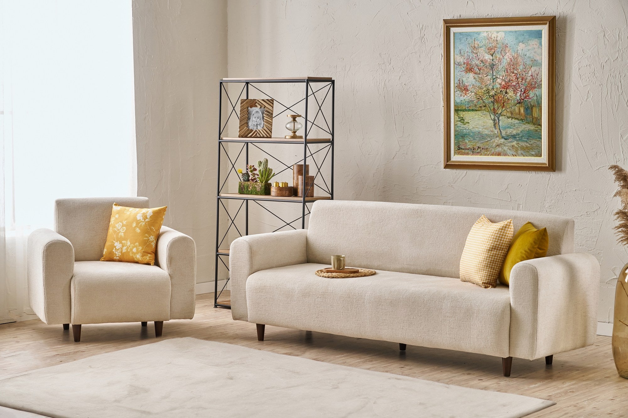 Conjunto de sofá elegante em creme (3 peças), estrutura em formato de árvore, tecido chenille, 220 cm e 95 cm | Espuma 28 DNS, perfeito para salas de estar e lounges modernos