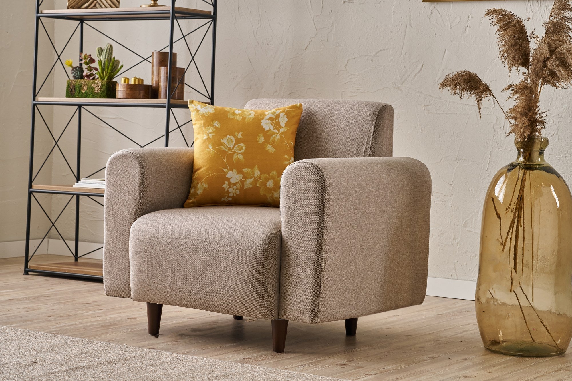 Poltrona elegante de 1 lugar, cor creme, 95 x 87 x 70 cm | Estrutura em formato de árvore, tecido 100% poliéster e linho | Espuma confortável de 28 DNS, perfeita para ambientes modernas