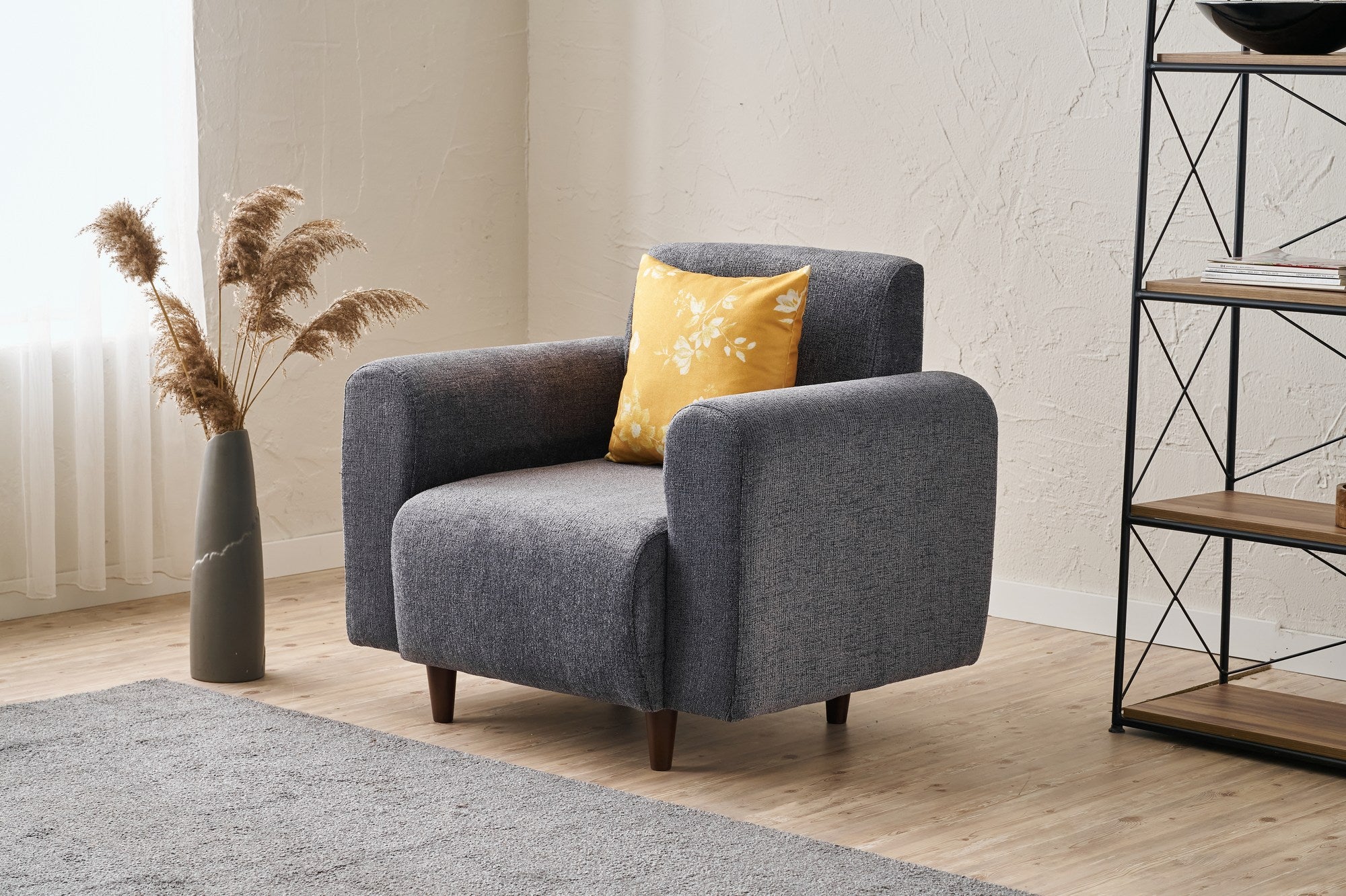 Poltrona elegante de 1 lugar, tecido chenille cinza, 95 x 87 x 70 cm | Estrutura em formato de árvore, espuma 28 DNS, pernas de plástico | Perfeito para salas de estar modernas e espaços aconchegantes