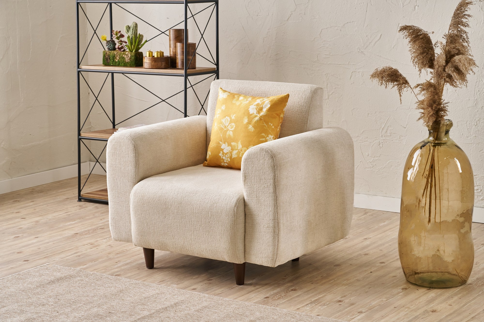 Poltrona creme de 1 lugar, estrutura em formato de árvore, tecido chenille 100% poliéster | 95 x 87 x 70 cm | Espuma DNS 28 confortável, pernas de plástico elegantes | Perfeito para espaços modernas