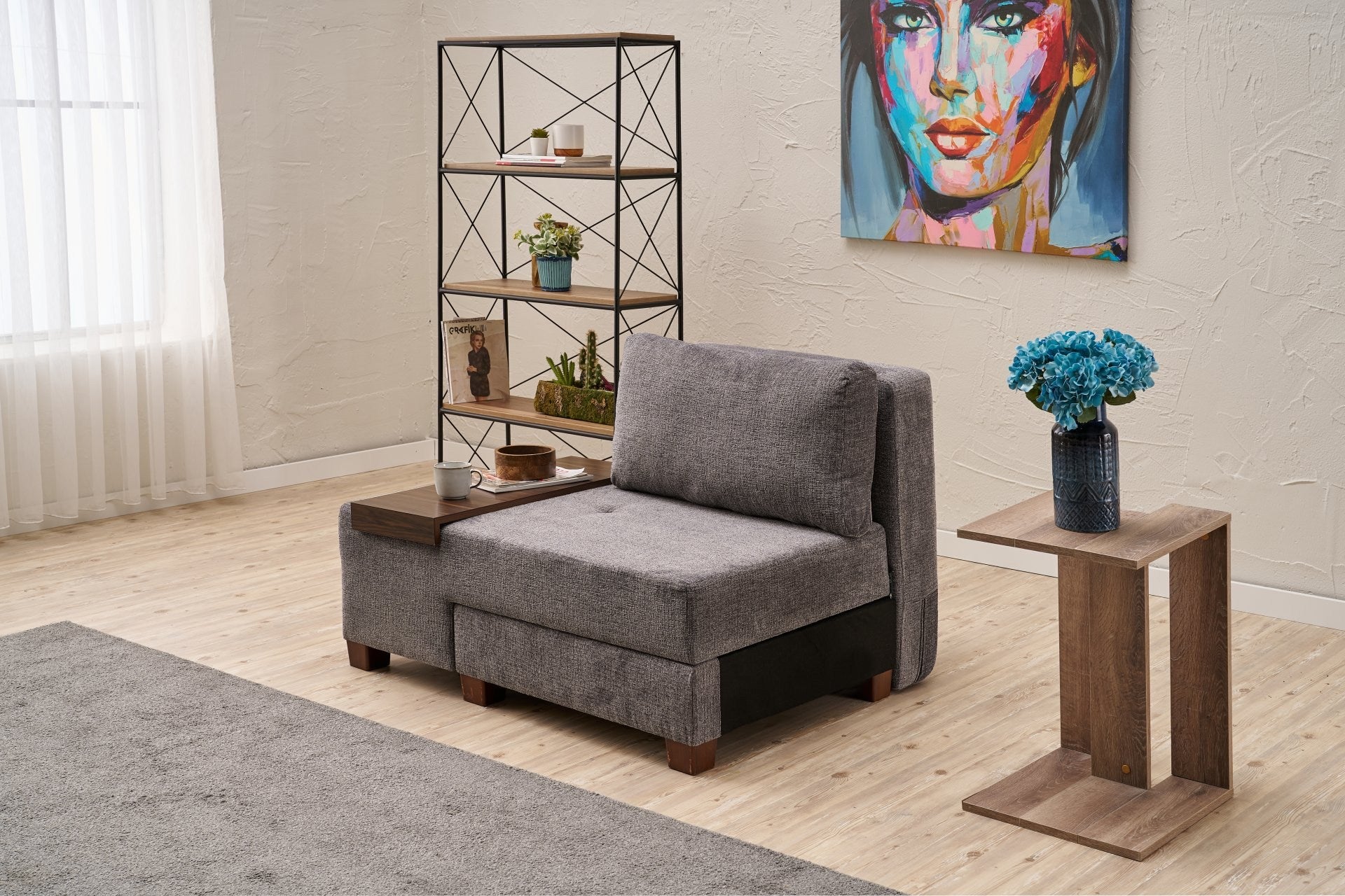 Sofá-cama de 1 lugar – 116 cm x 93 cm – Cinza – Madeira e Tecido 100% Chenille