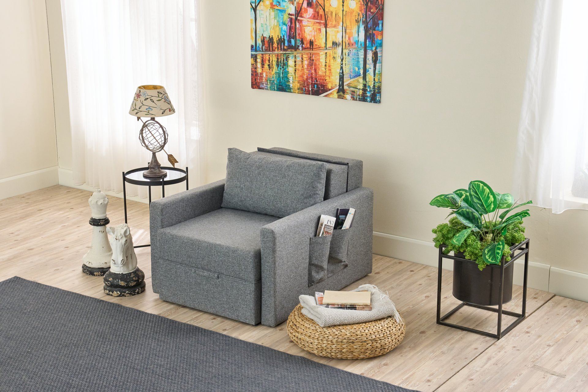 Sofá-Cama de 1 Lugar – 86 x 72 x 110 cm – Cinza – Madeira de Abeto e Poliéster