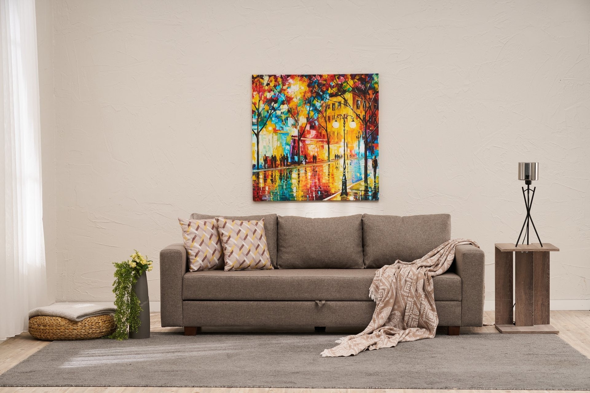 Sofá-Cama de 3 lugares – 220 cm x 80 cm – Marrom – Madeira e tecido 100% poliéster