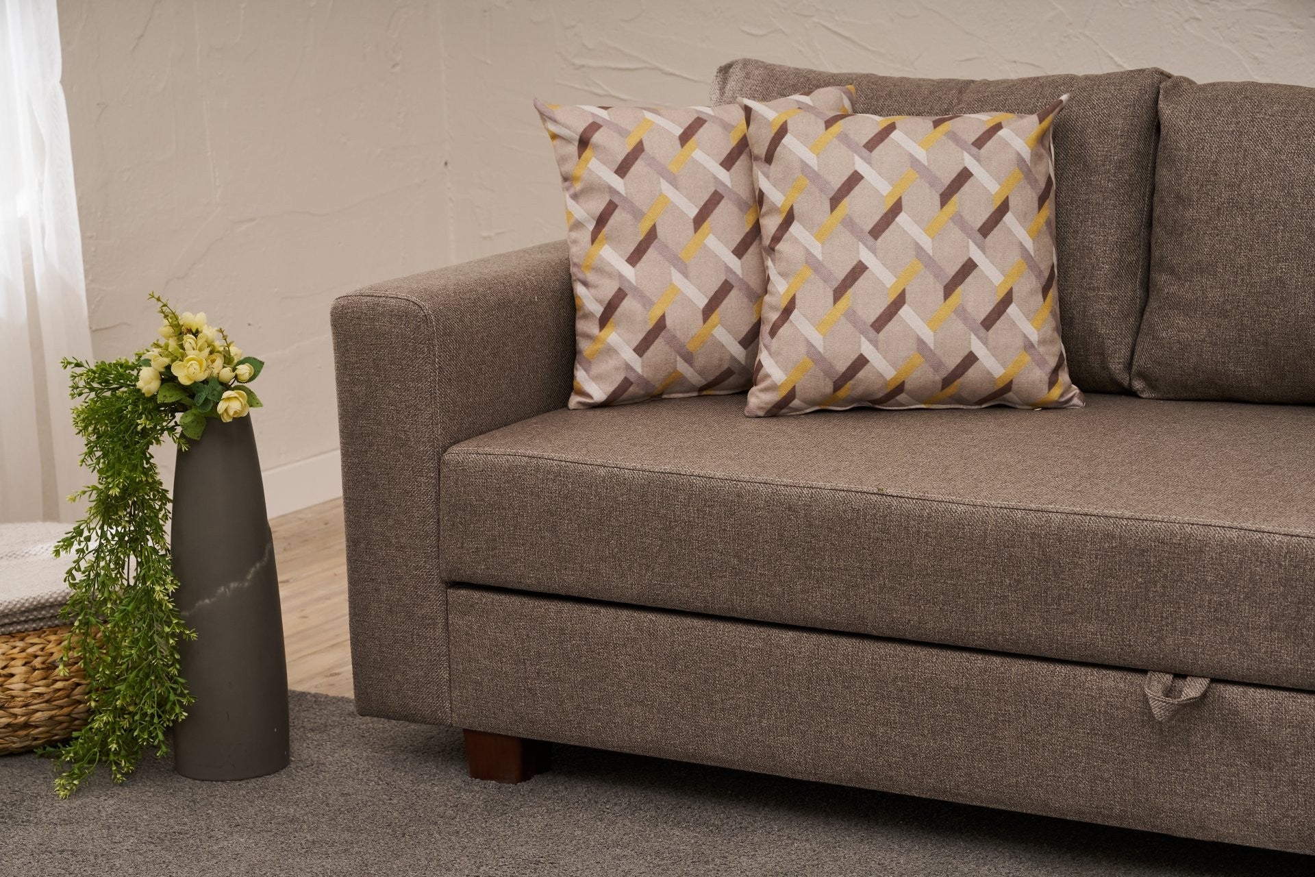 Sofá-Cama de 3 lugares – 220 cm x 80 cm – Marrom – Madeira e tecido 100% poliéster