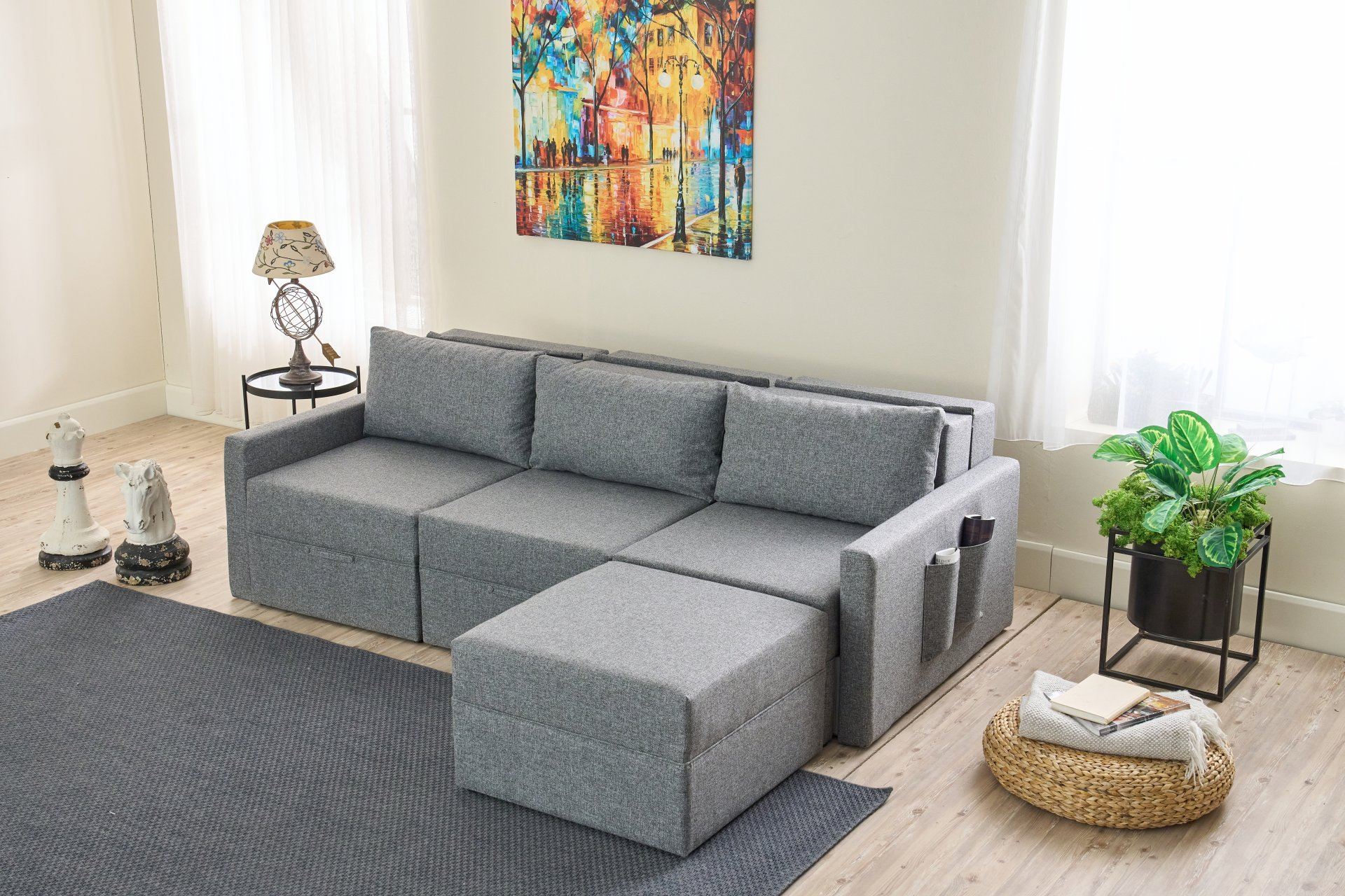 Sofá-cama de canto – 230 cm x 110 cm – Cinza – Madeira de Fir e Poliéster