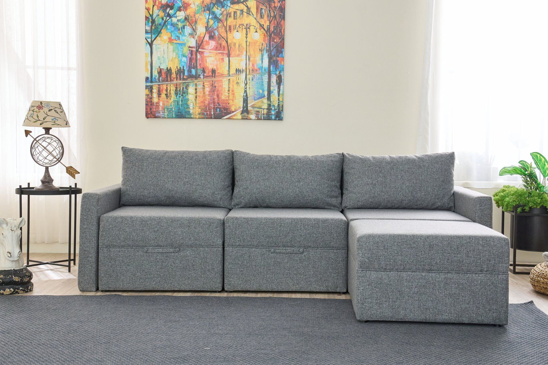 Sofá-cama de canto – 230 cm x 110 cm – Cinza – Madeira de Fir e Poliéster