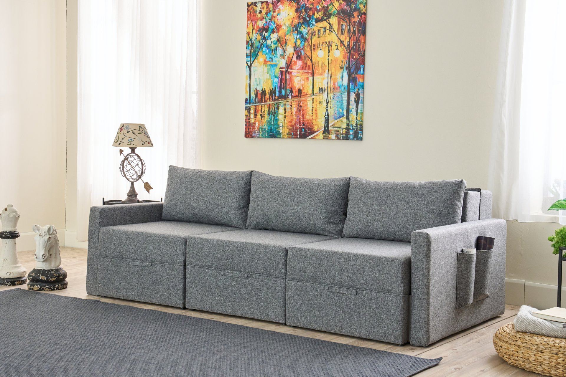Sofá-cama de canto – 230 cm x 110 cm – Cinza – Madeira de Fir e Poliéster