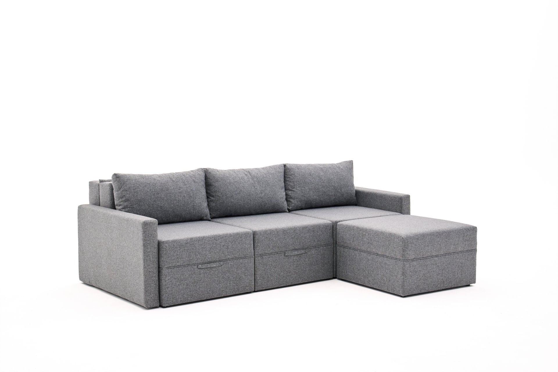 Sofá-cama de canto – 230 cm x 110 cm – Cinza – Madeira de Fir e Poliéster