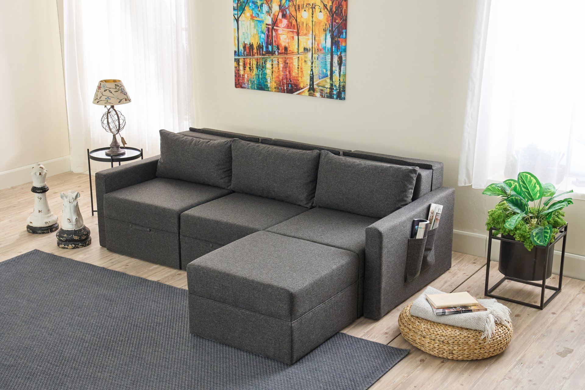 Sofá-cama de Canto – 230 cm x 110 cm – Antracite – Madeira de Fir, Poliéster