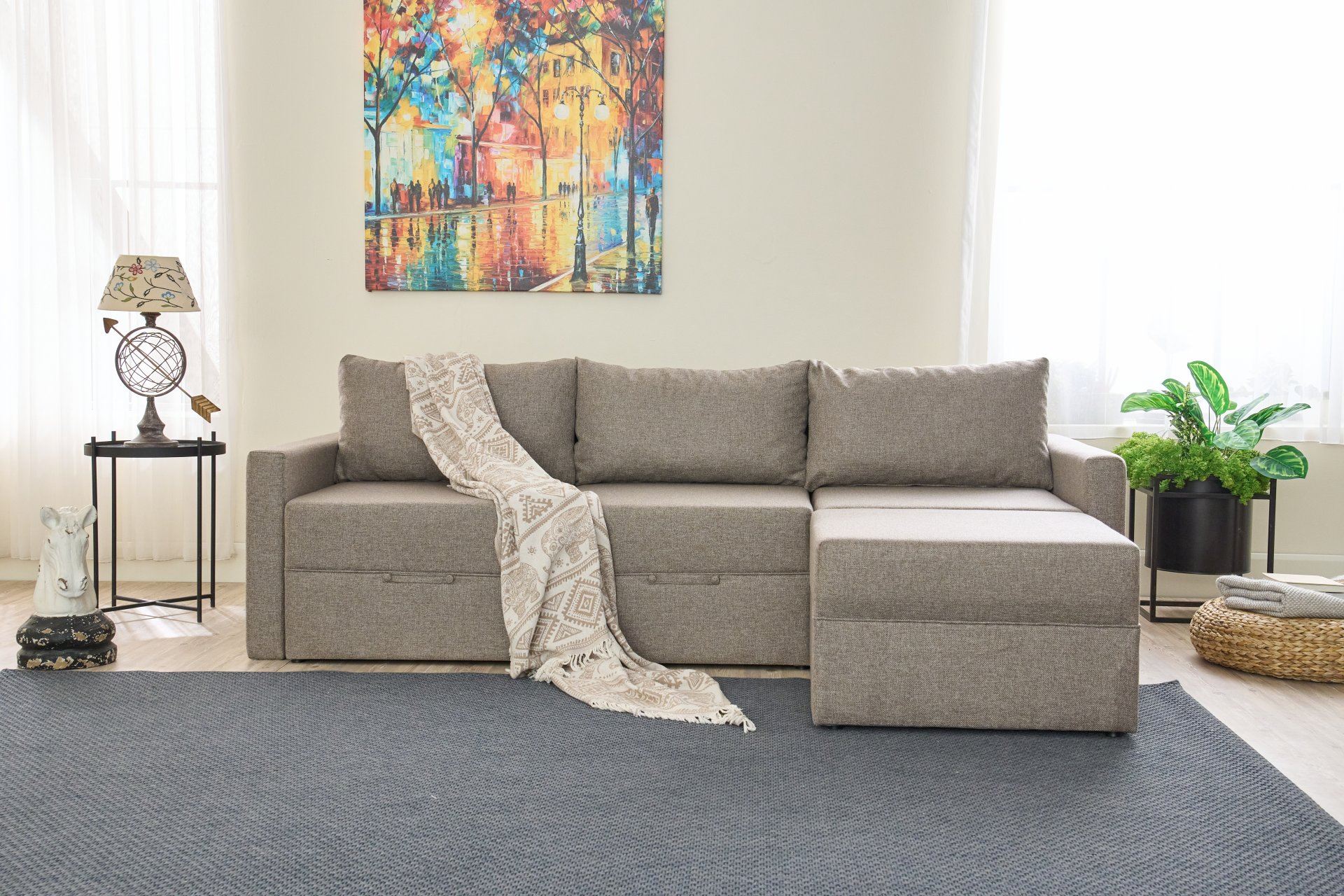 Sofá-cama de canto – 230 cm – Marrom – Madeira de Fir e Poliéster