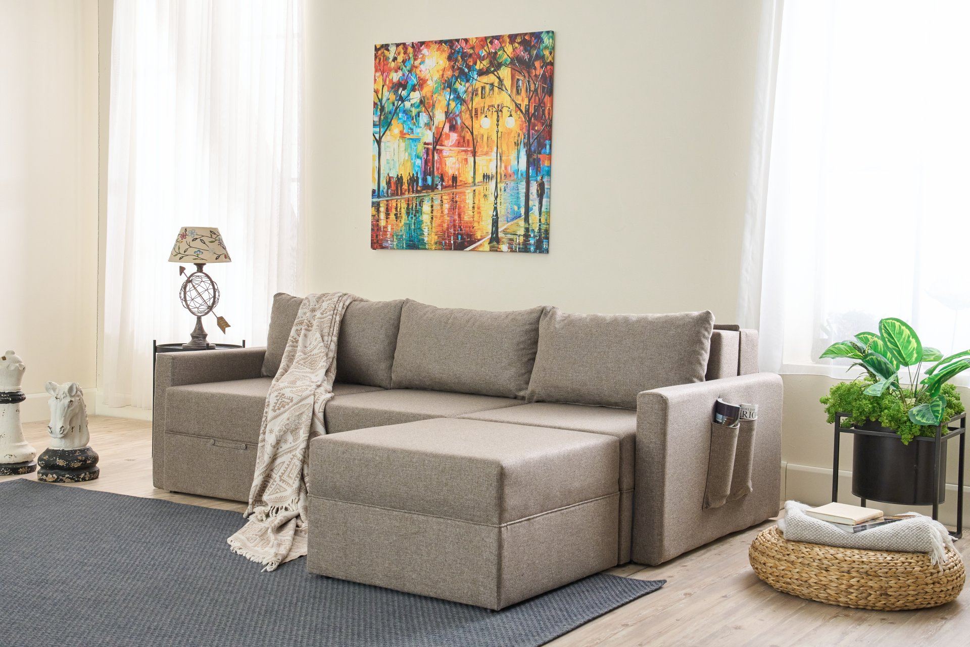 Sofá-cama de canto – 230 cm – Marrom – Madeira de Fir e Poliéster