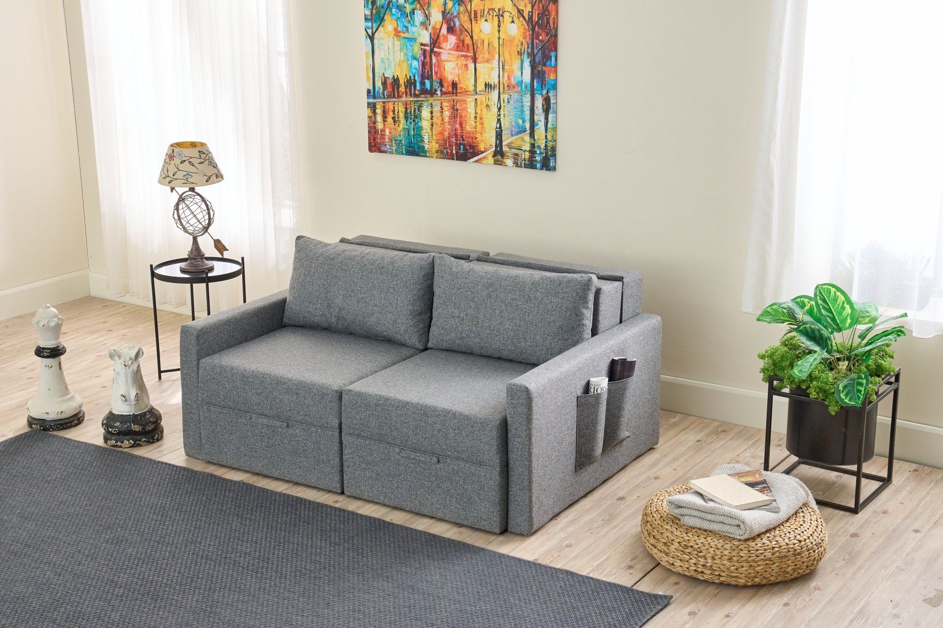 Sofá-cama de 2 lugares – 155 cm x 110 cm x 72 cm – Cinza – Madeira de Fir e Poliéster