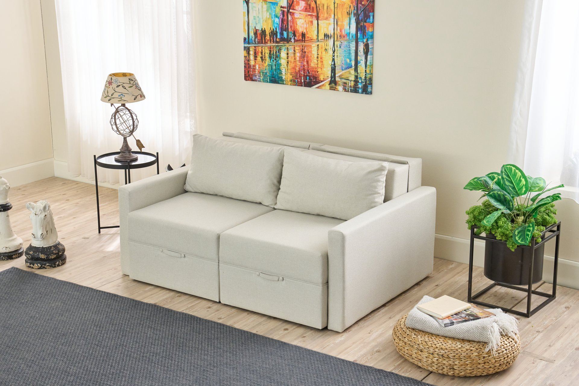 Sofá-Cama de 2 lugares - 155 cm - Creme - Madeira e Poliéster