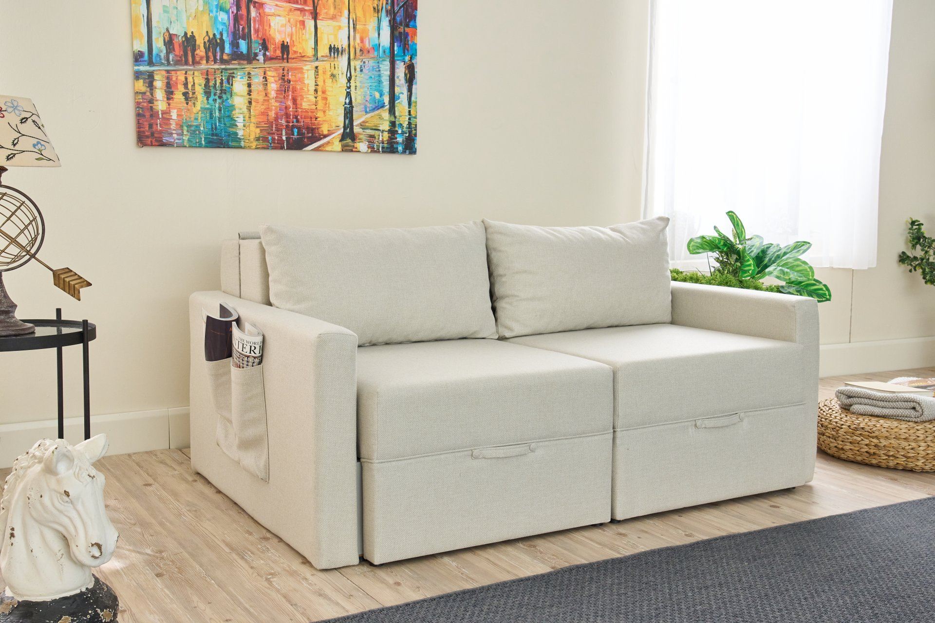 Sofá-Cama de 2 lugares - 155 cm - Creme - Madeira e Poliéster