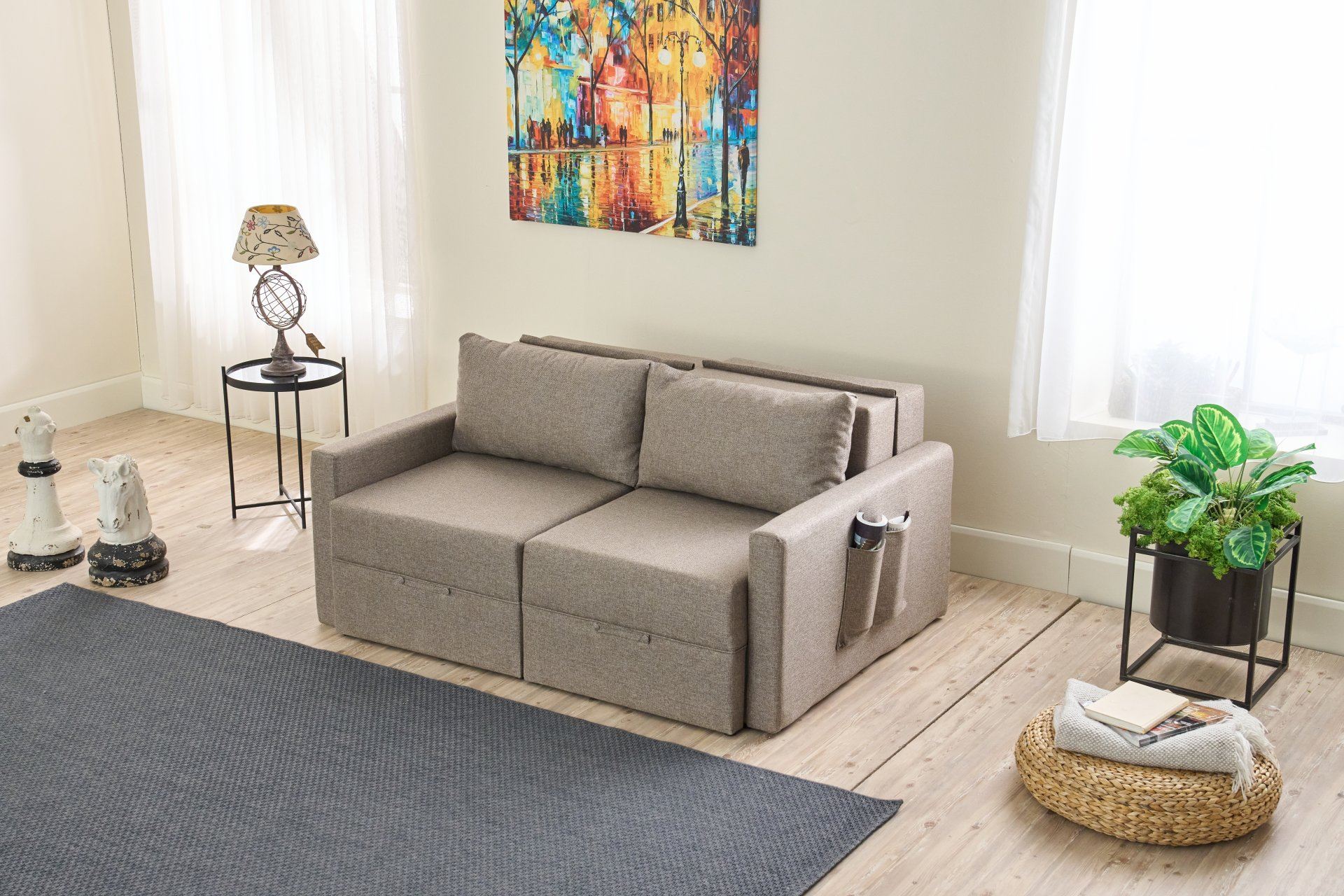 Sofá-cama de 2 lugares – 155 cm x 72 cm x 110 cm – Marrom – Madeira de Fir